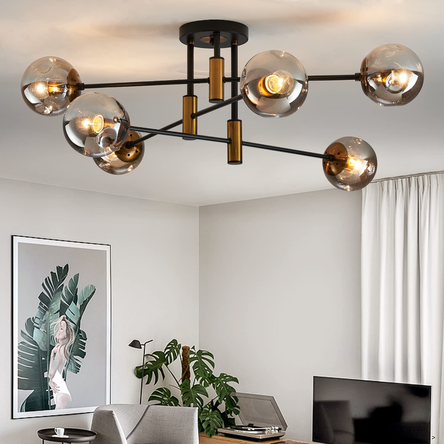 6-Light Glass Globe Sputnik Chandelier - Modern Matte Black & Gold Ceiling Light Fixture - Vintage Hanging Chandelier for Farmhouse, Living Room, Kitchen, Dining Room, Bedroom - Perfect for Dining Areas, Entryways and Mid-Century Modern Decor