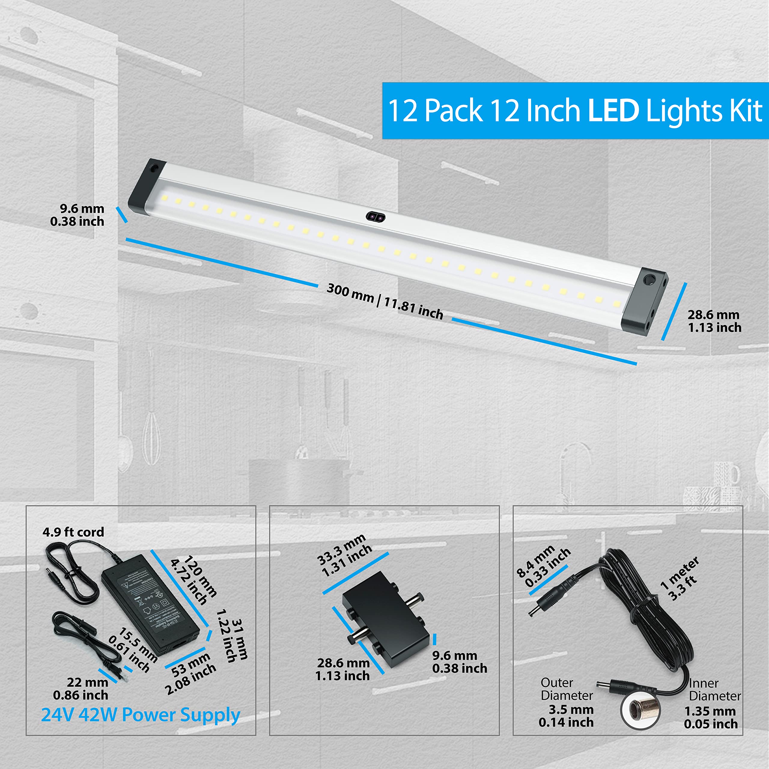EShine 12-Pack Under Cabinet LED Lighting Kit - Hand Wave Activated, Dimmable, 12 Inch Touchless Dimming Control - Cool White (6000K) Black Under Counter Lights for Kitchen, Garage, Office & Desk - Perfect for Task Lighting, Accent Illumination & Workspace Visibility
