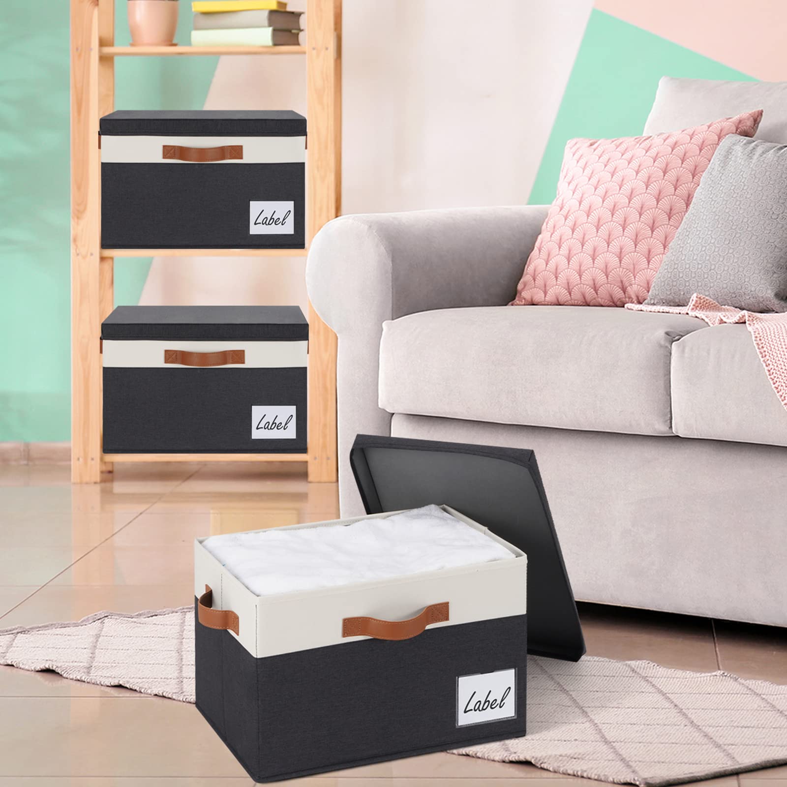 Sturdy Fabric Storage Bins with Lid (6-Pack) - Large Closet Organizer Boxes with 3 Handles & Label Window - Perfect for Home, Bedroom, Office & Kids' Toy Storage (Black, 15