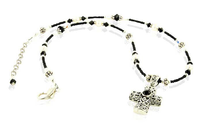 Black Crystal Onyx Cross Beaded Necklace for Women - Elegant Religious Jewelry Gift for Baptism, First Communion & Everyday Wear