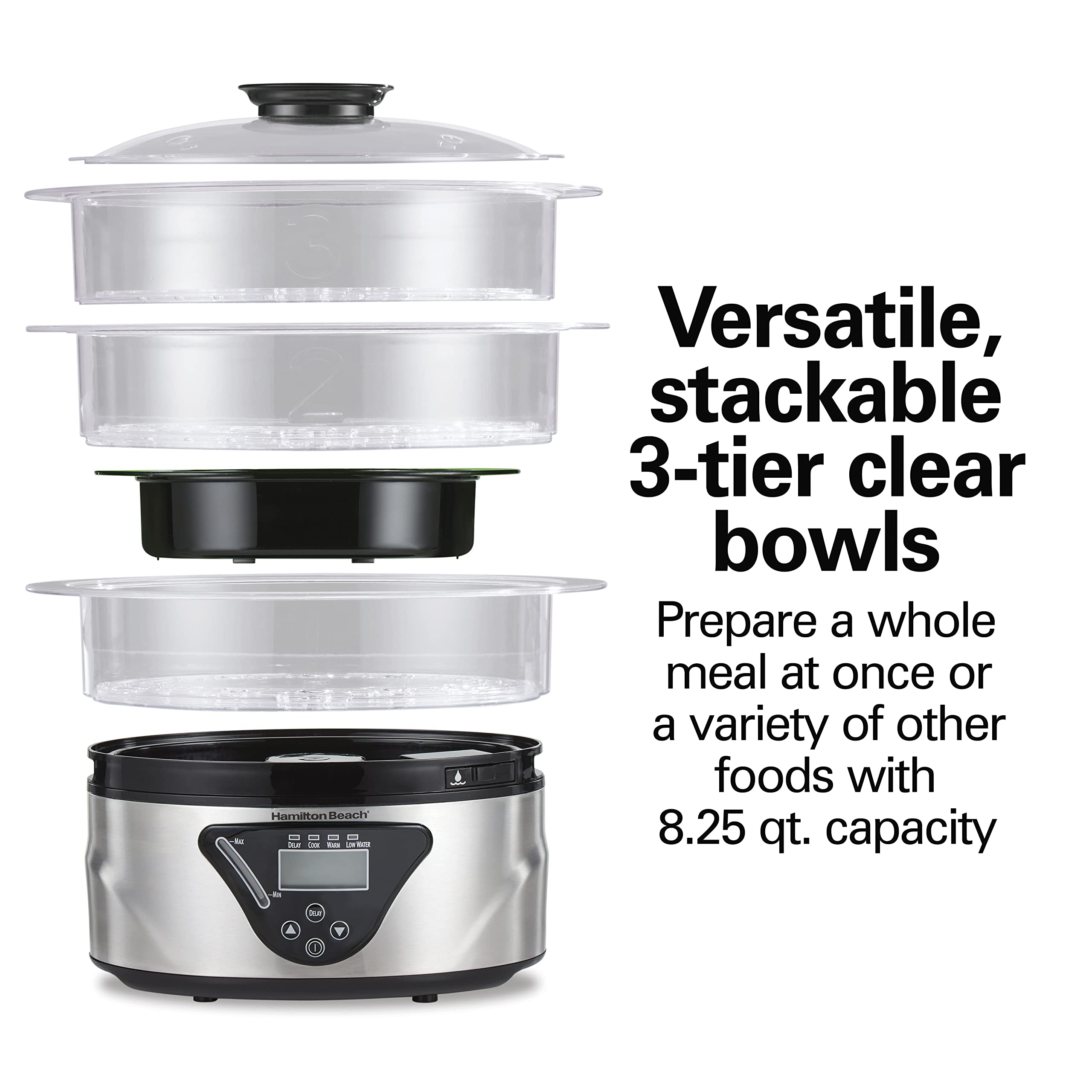 Hamilton Beach 8.25 Quart Digital Electric Food Steamer & Rice Cooker - 3-Tier Stackable Baskets for Vegetables, Seafood & Healthy Meals - Stainless Steel & Black - Perfect for Meal Prep, Dorm Cooking & Family Dinners