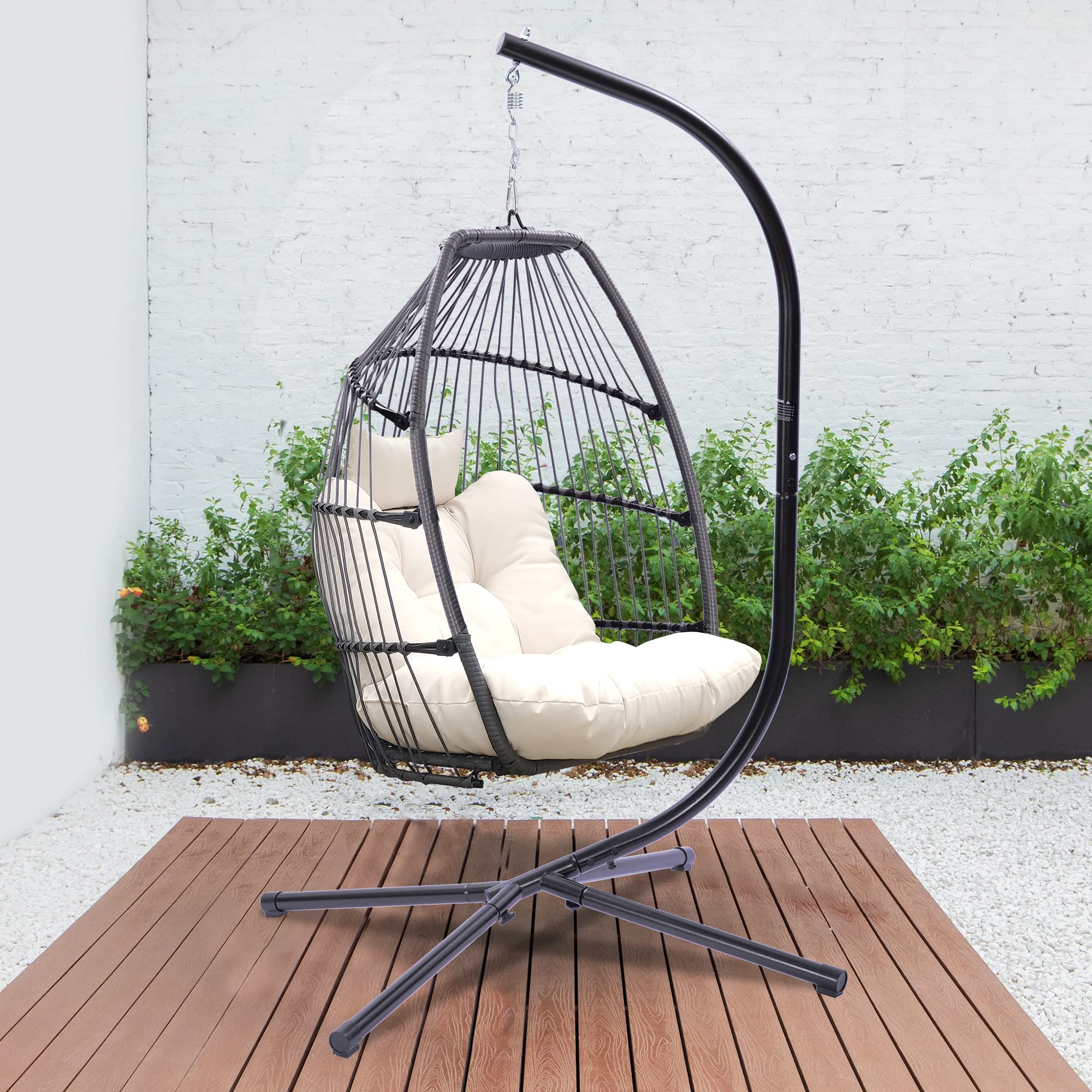 PE Rattan Wicker Swing Chair - Foldable Hanging Egg Chair with Steel Stand & Comfort Cushion - Patio Hammock Chair for Balcony, Poolside, Garden, Backyard - Outdoor Relaxation & Boho Decor (Beige)