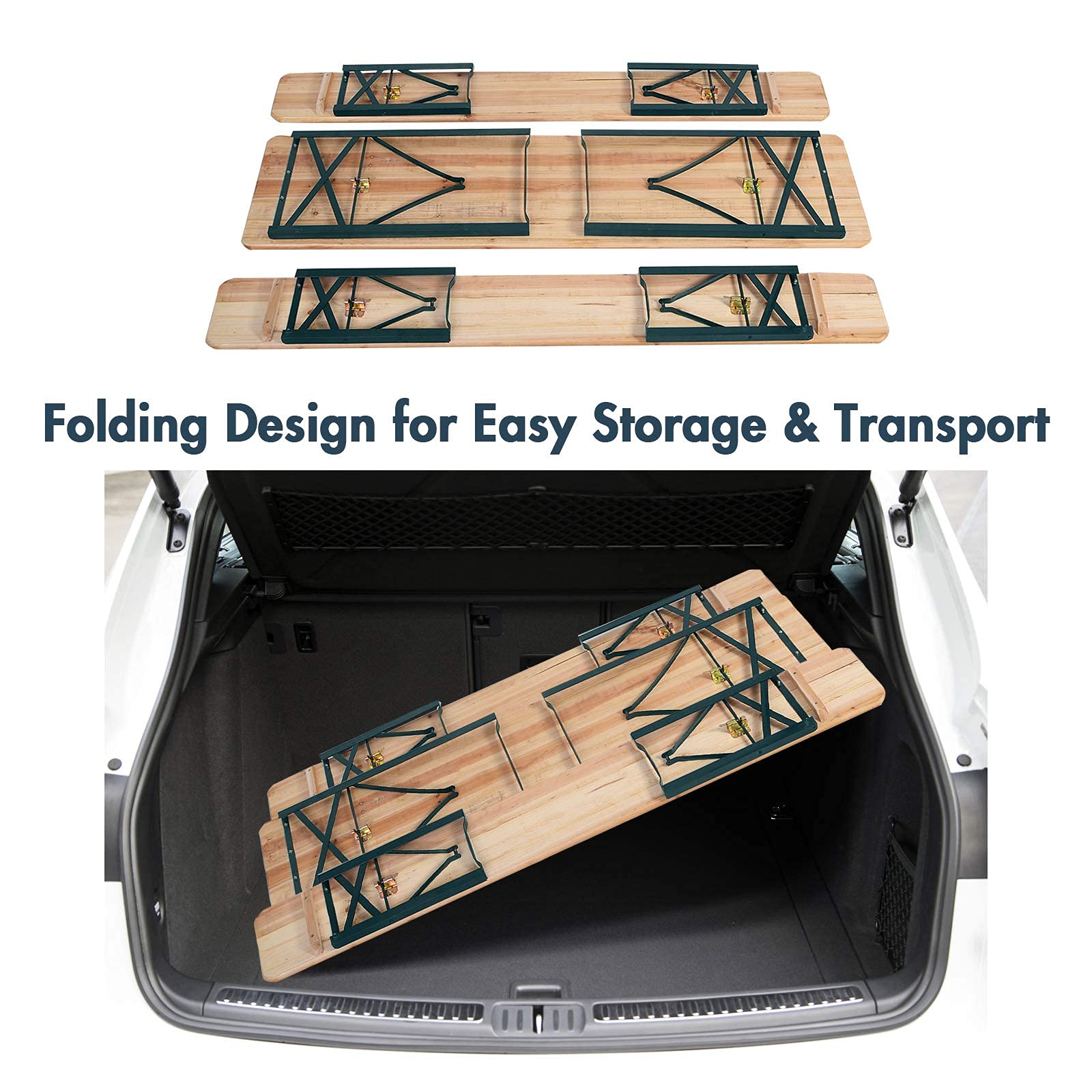 Renatone 70-Inch 3-Piece Folding Picnic Table Set with Wooden Top - Portable Beer Table for Patio, Backyard, Garden & Outdoor Gatherings - No Assembly Required - Perfect for BBQs, Camping & Tailgating