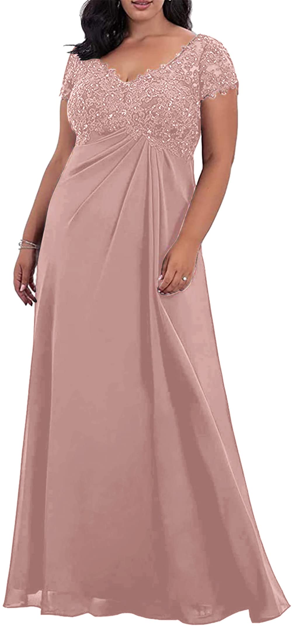 Elegant V-Neck Lace Mother of The Bride Dress with Short Sleeves - Chiffon Applique Formal Evening Gown for Women - Perfect for Weddings, Parties & Special Occasions