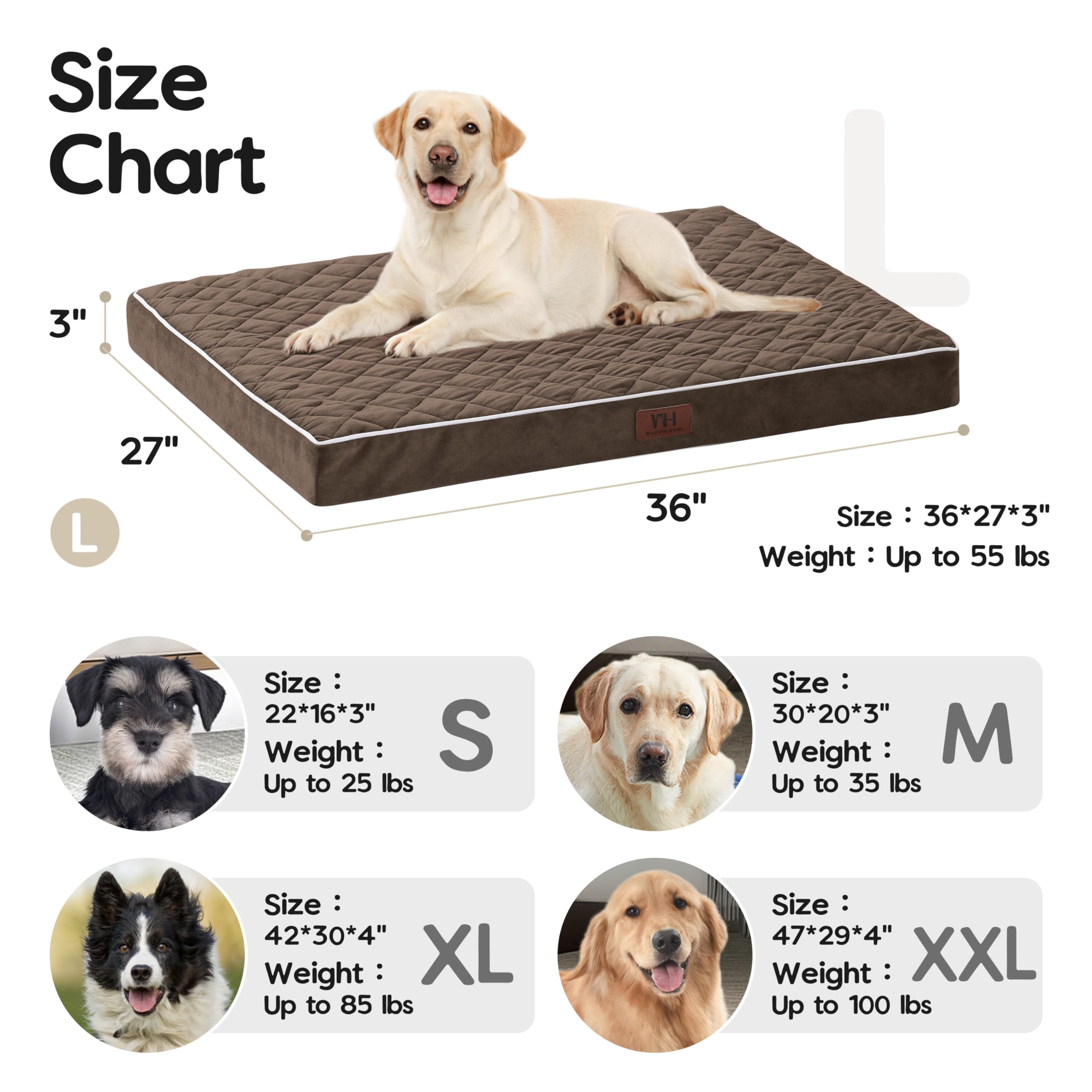 Orthopedic Dog Bed for Large Dogs - XXL XL Medium Size, Removable Washable Velvet Plush Cover, Anti-Slip Bottom, 36 Inch Kennel Pad - Perfect for Arthritis & Joint Pain Relief (Brown) - Ideal for Crates, Living Rooms & Bedrooms