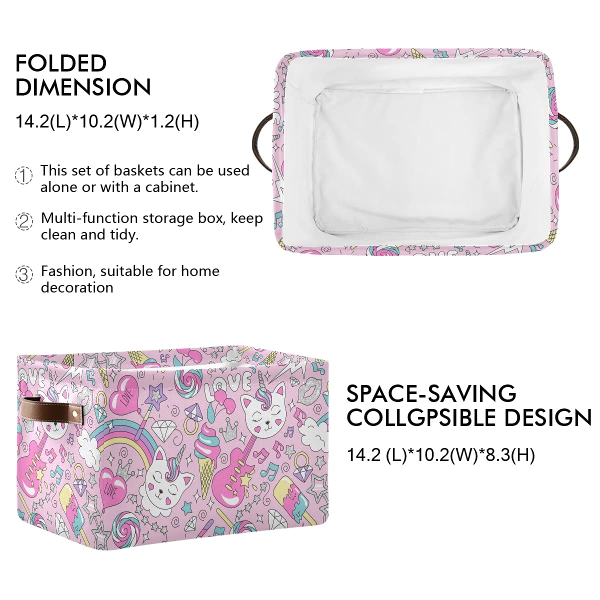 Pink Unicorn Kitten Collapsible Storage Basket - Waterproof Canvas Bin with Handles for Nursery, Toys, Books & Closet Organization | Perfect for Kids' Bedroom, Playroom & Home Decor