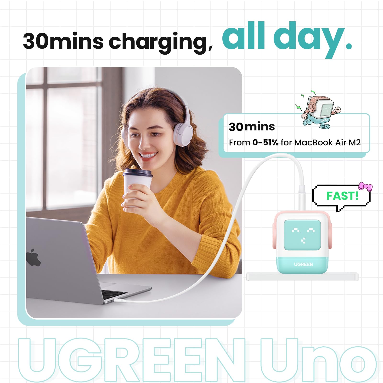 UGREEN Nexode 65W GaN Fast Charger with 3 Ports - Compact USB C Wall Charger for MacBook Pro/Air, iPhone 15/14 Pro, Galaxy S23 Ultra, Pixel 8, iPad & Steam Deck - Fast Charging for Home, Office & Travel (Blue)