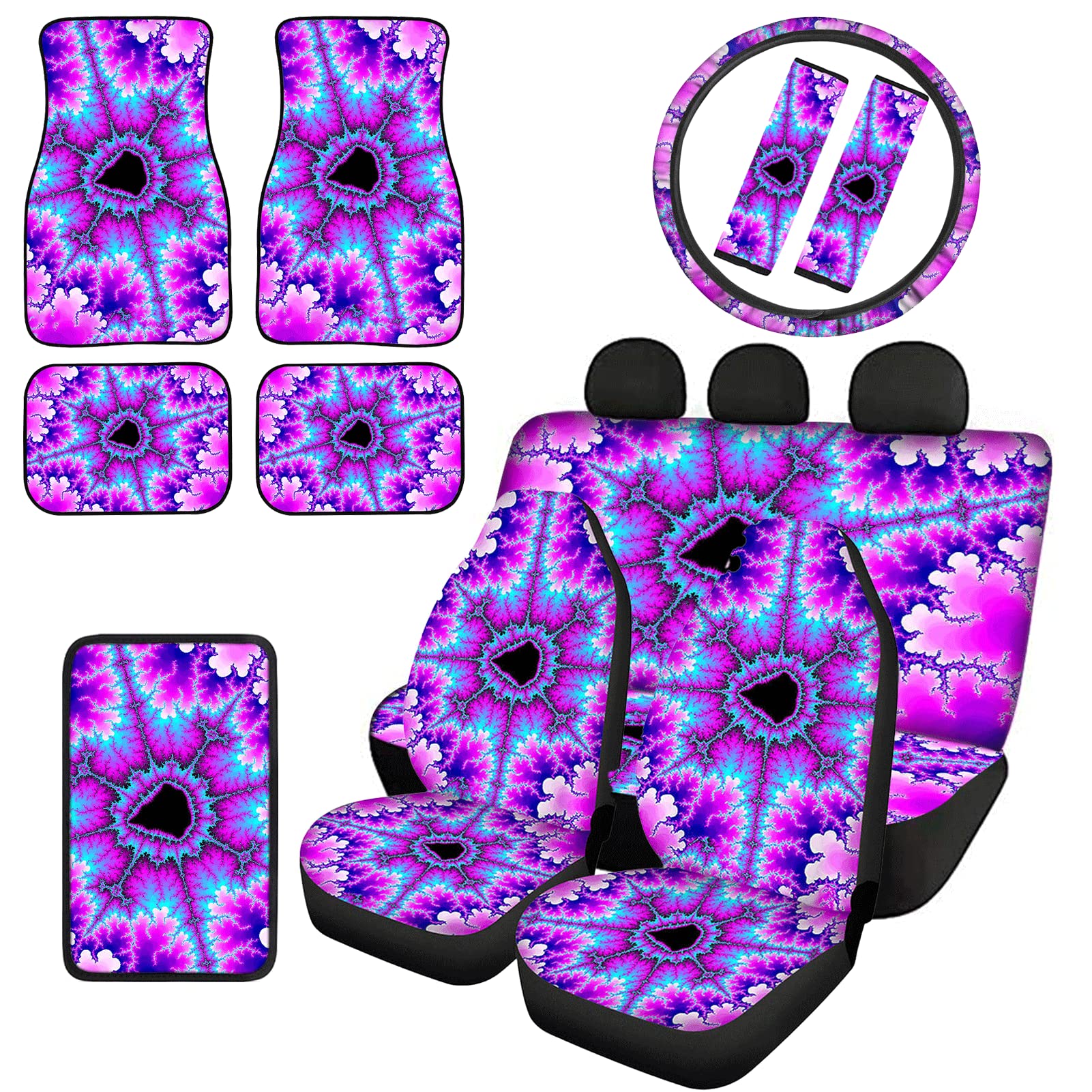 Stylish Abstract Print 12-Piece Car Seat Covers Set with Floor Mats & Steering Wheel Cover - Pink & Purple Auto Interior Accessories for SUV, Sedan, and Truck | Perfect for Daily Commute, Road Trips, and Car Protection