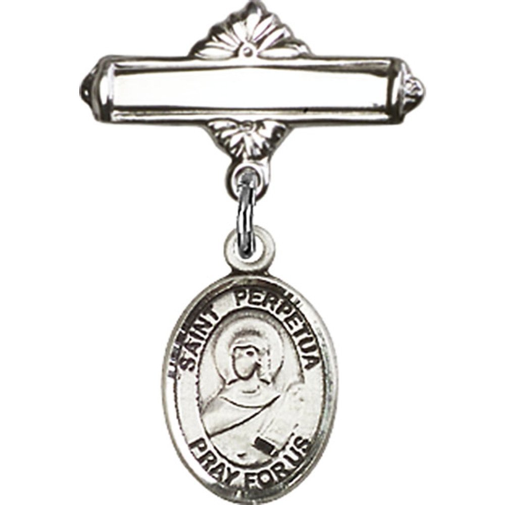 Sterling Silver Baby Badge with St. Perpetua Charm - 1 X 5/8 Inch Polished Pin for Christening, Baptism & First Communion Gifts - Elegant Religious Jewelry for Newborns & Infants