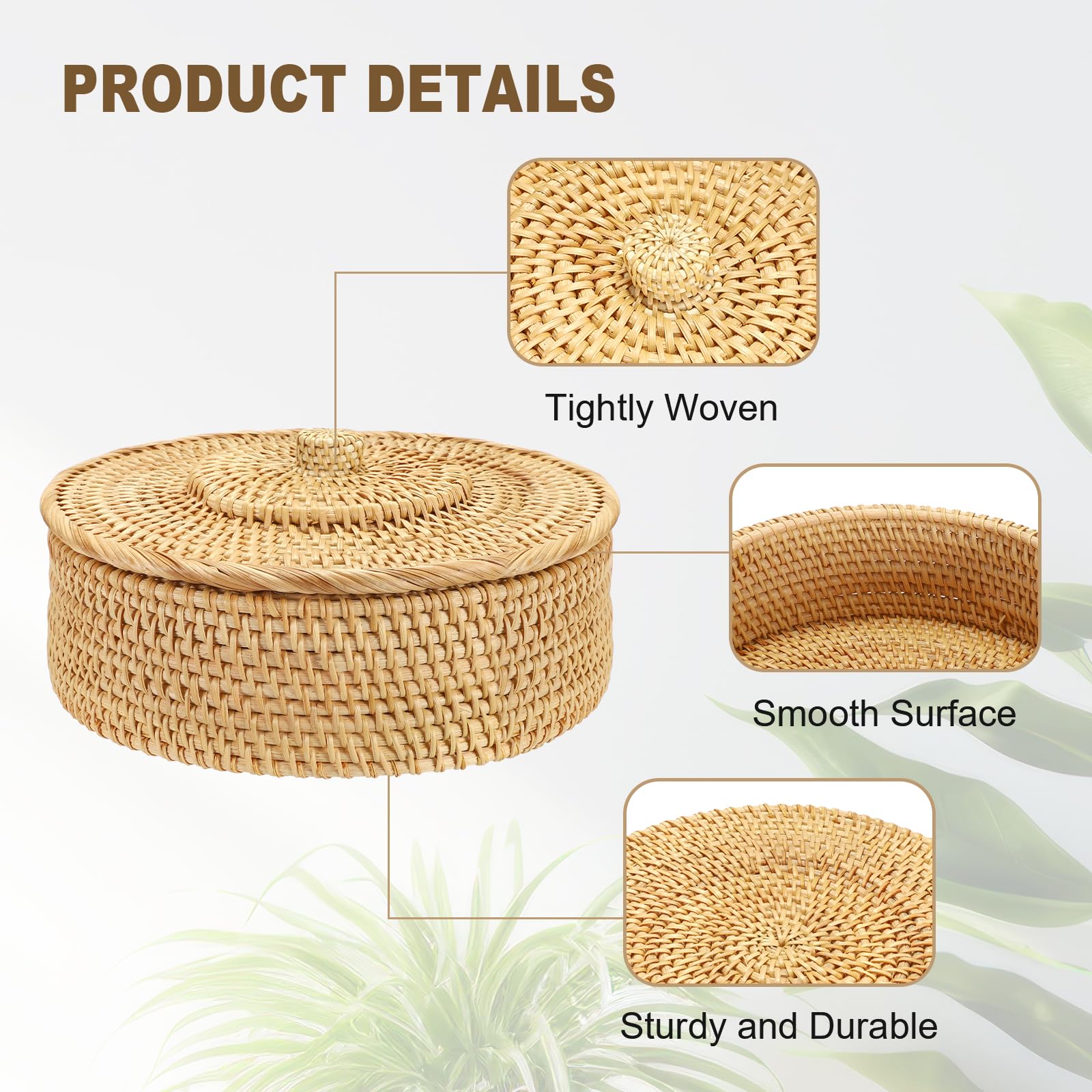 Round Rattan Basket with Lid - Small Wicker Storage for Home Decor