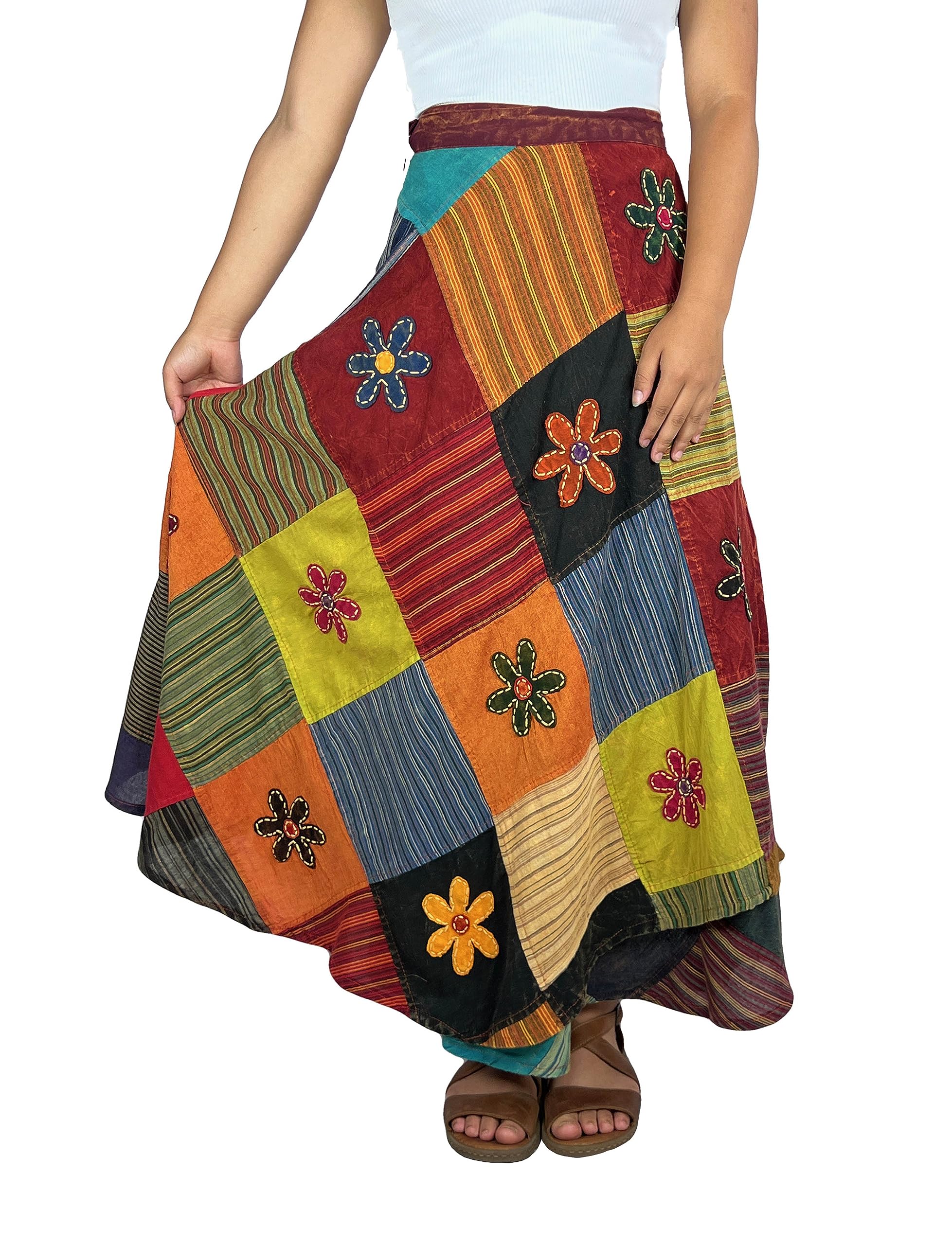 Agan Traders Women's 2025 Spring & Fall Boho Maxi Skirt - High Waisted Long Bohemian Wrap Skirt with Patchwork & Tie Up Detail | Perfect for Beach, Festival, and Casual Wear