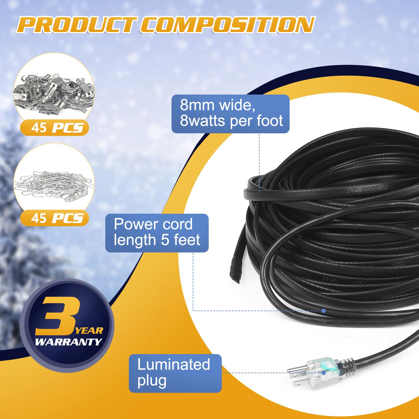 3FT to 160FT Self-Regulating Heat Tape for Water Pipes -40°F to 122°F, Thermostat-Controlled Pipe Heating Cable, Deicing Heat Tape for Gutters & Roofs, 120V 8W/ft (160FT) - Prevent Frozen Pipes in Winter & Protect Outdoor Plumbing