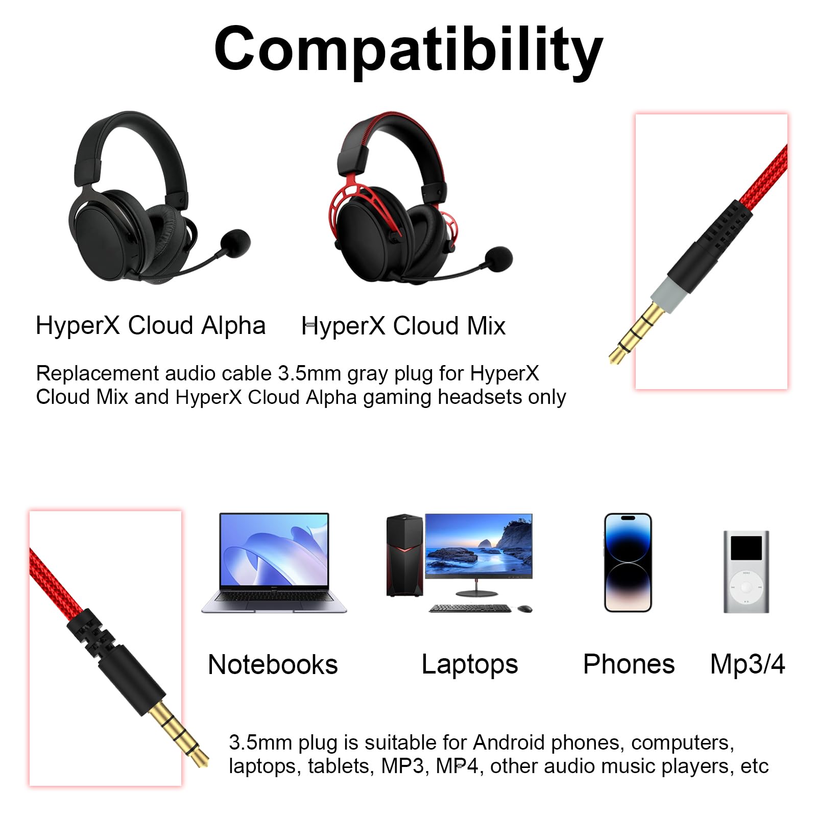 HyperX Cloud Alpha & Mix Gaming Headset Replacement Cable with Mute & Volume Control - 6.6ft Red Braided Cord for Logitech G933 G633 G935 G635 Headsets - Perfect for PC Gaming & Streaming Setup