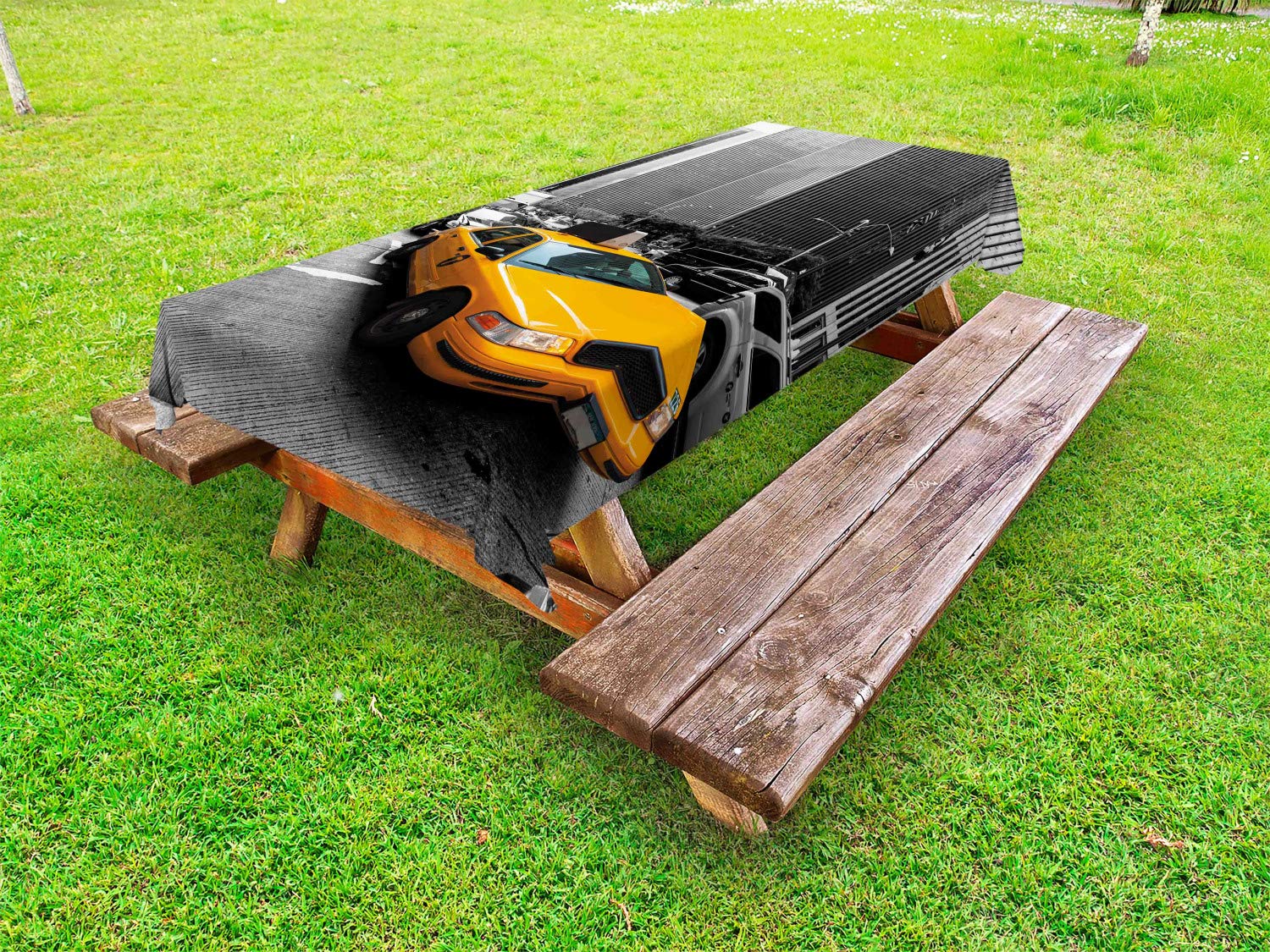 Ambesonne New York City Yellow Cab Tablecloth - 58x84 Inch Washable Outdoor Picnic Table Cover with NYC Traffic Photography Design, Marigold Grey Black - Perfect for Picnics, BBQs, and Urban-Themed Parties