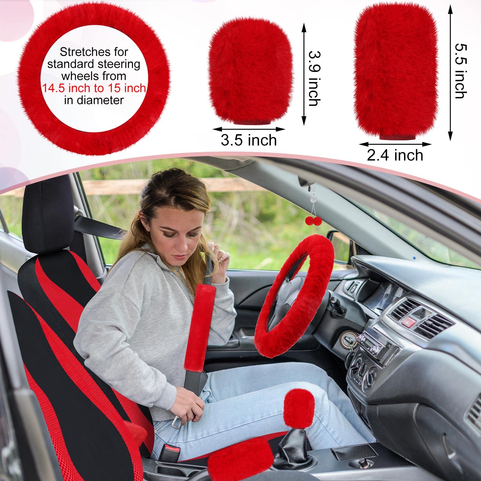 24-Piece Luxury Red Car Seat Cover Set for Women - Full Front & Rear Seat Covers with Fluffy Steering Wheel Cover, Crystal Decorated Seat Belt Shoulder Pads, Bling Car Phone Holder & Hooks - Perfect for Daily Commute, Road Trips & Gift Giving