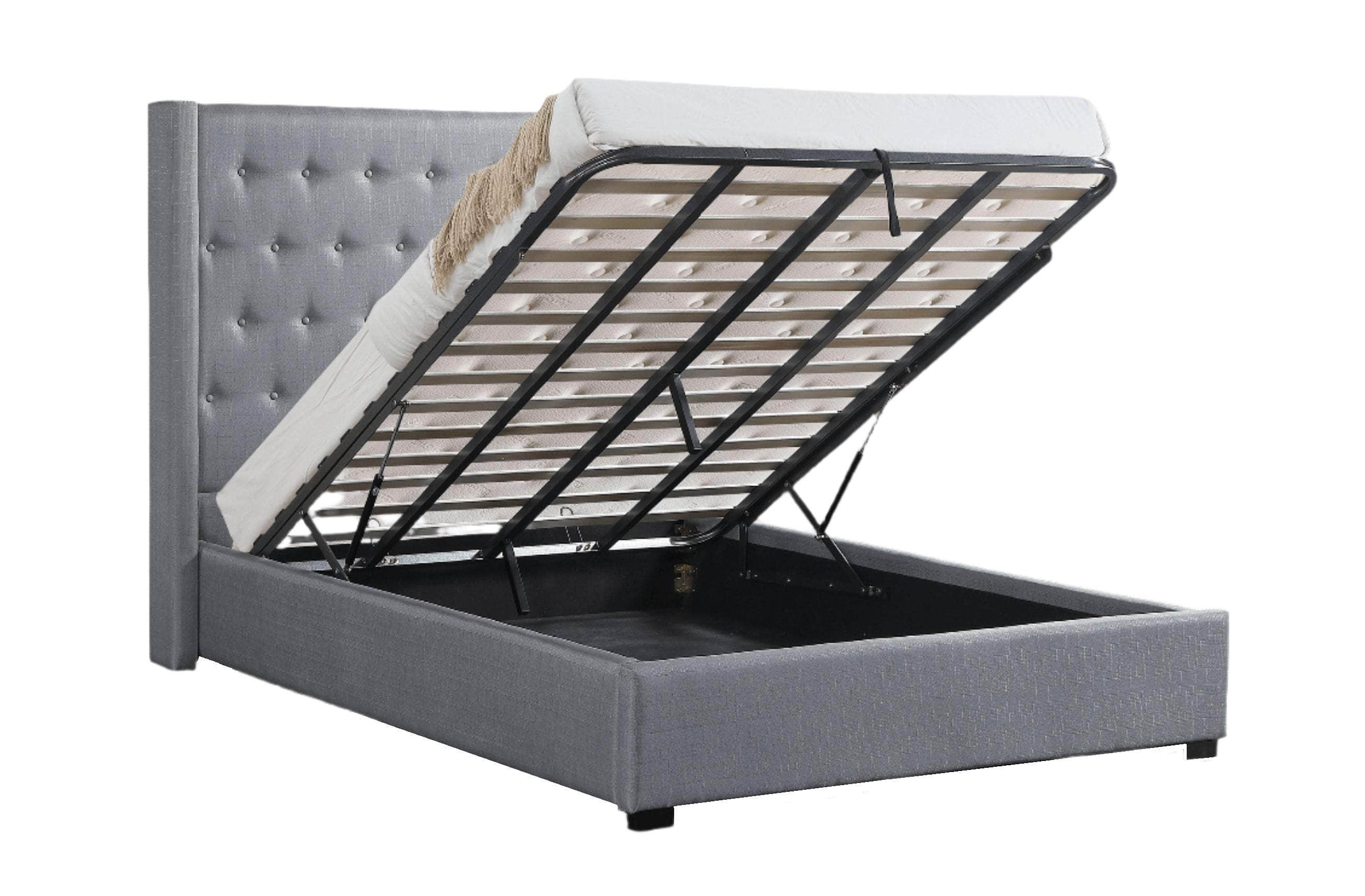 Saunderson Tufted Wingback Lift Up Storage Platform Bed - Grey Linen Fabric - Queen & King Size Options - Perfect for Small Bedrooms & Guest Rooms