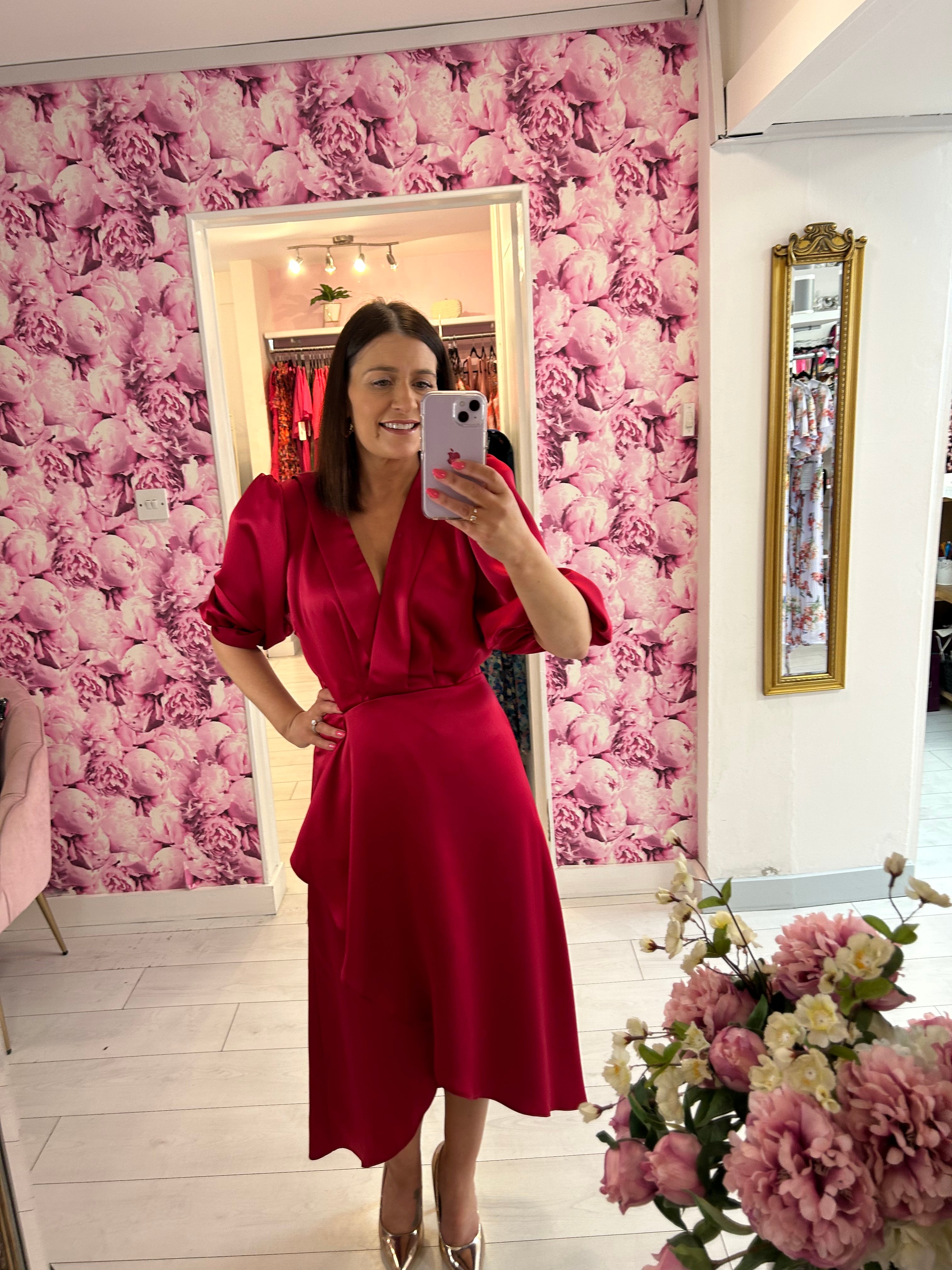 Deena Dress for Women - Elegant Red Flowy Midi Dress for Casual Wear, Parties & Date Nights