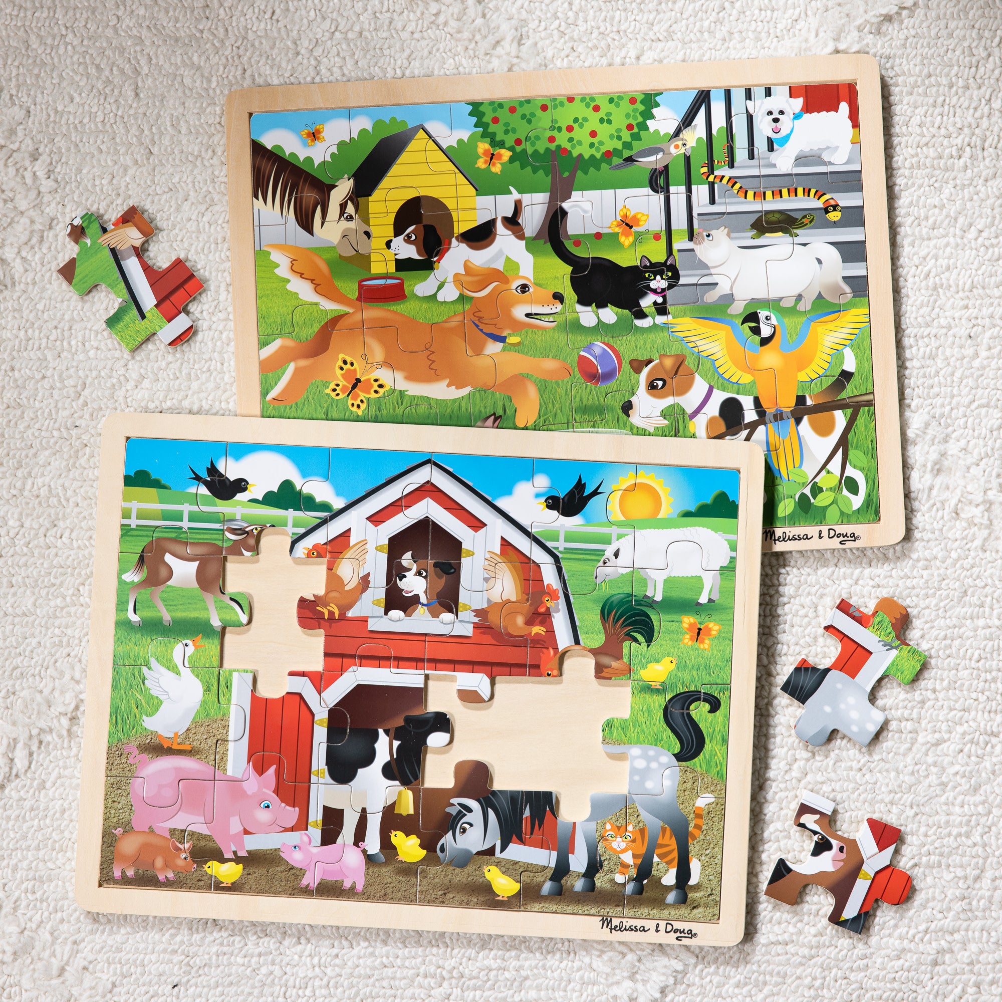 24-Piece Wooden Jigsaw Puzzle Set - 2 Pack with Adorable Pets & Farm Animals | Fun Learning Activity for Kids, Perfect for Preschool Education & Family Game Night