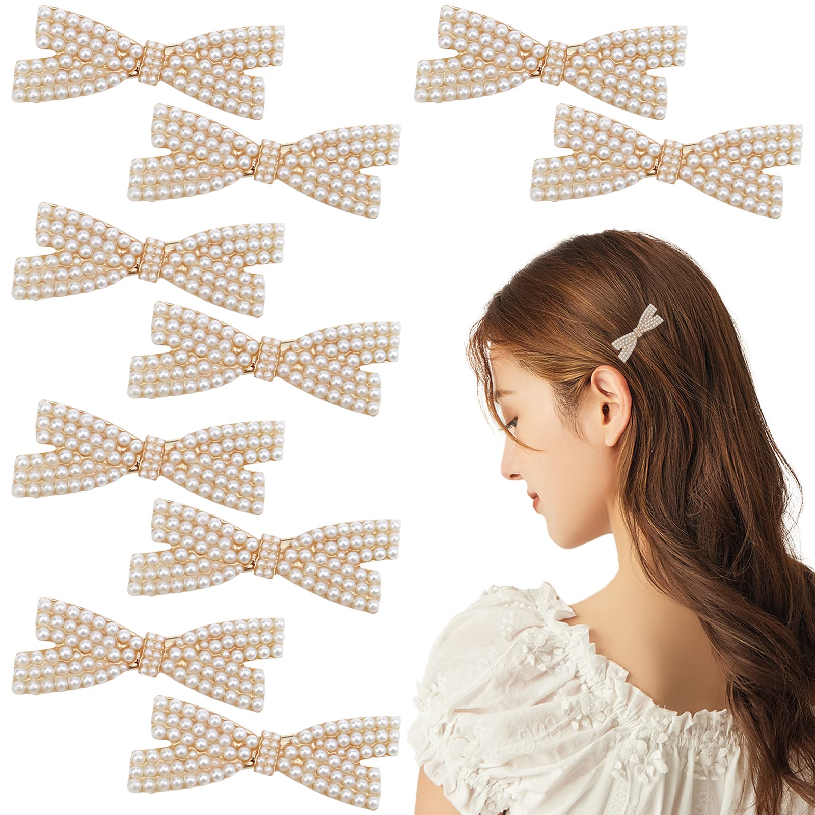 10 Pcs Pearl Bow Hair Clips - Gold Metal Duckbill Hair Claw Clips for Women & Girls - Elegant Hair Accessories for Weddings, Parties & Daily Styling