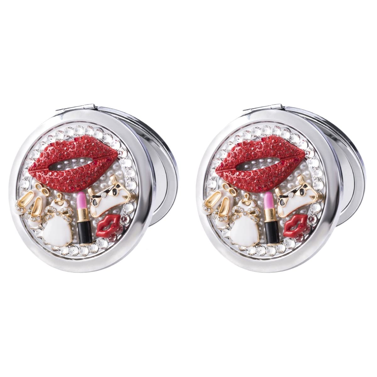 FOMIYES 2 Pack Mini Folding Makeup Mirror with Rhinestones - Portable Compact Lipstick Mirror for Women & Girls, Travel, Purse, and Cosmetic Touch-Ups