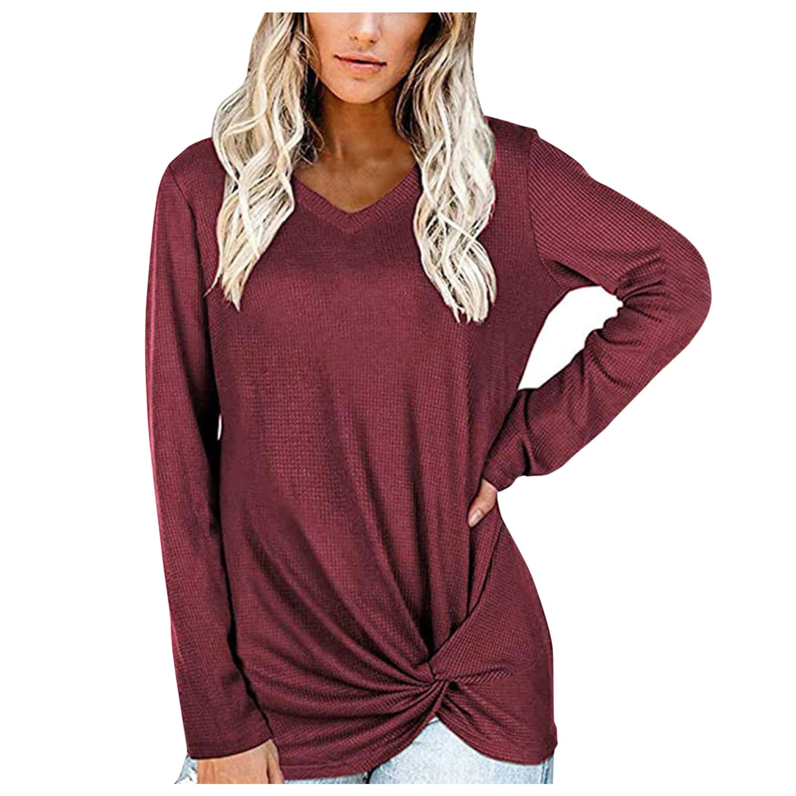 Holka Women's V-Neck Loose Fit Solid Color Long Sleeve Summer Blouse - Breathable Stitched Top in Red | Casual Wear, Office Outfits & Summer Fashion