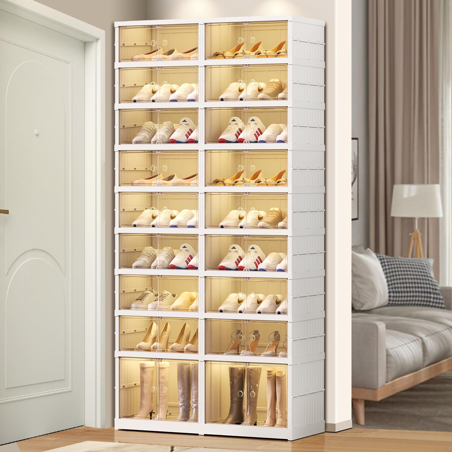 Foldable 9-Tier Shoe Rack Organizer for 18-36 Pairs - Space Saving Collapsible Clear Plastic Shoe Shelf for Closet, Entryway, or Front Door - Tall Stackable Folding Shoe Storage Cabinet - Perfect for Small Spaces, Apartments, and Dorm Rooms