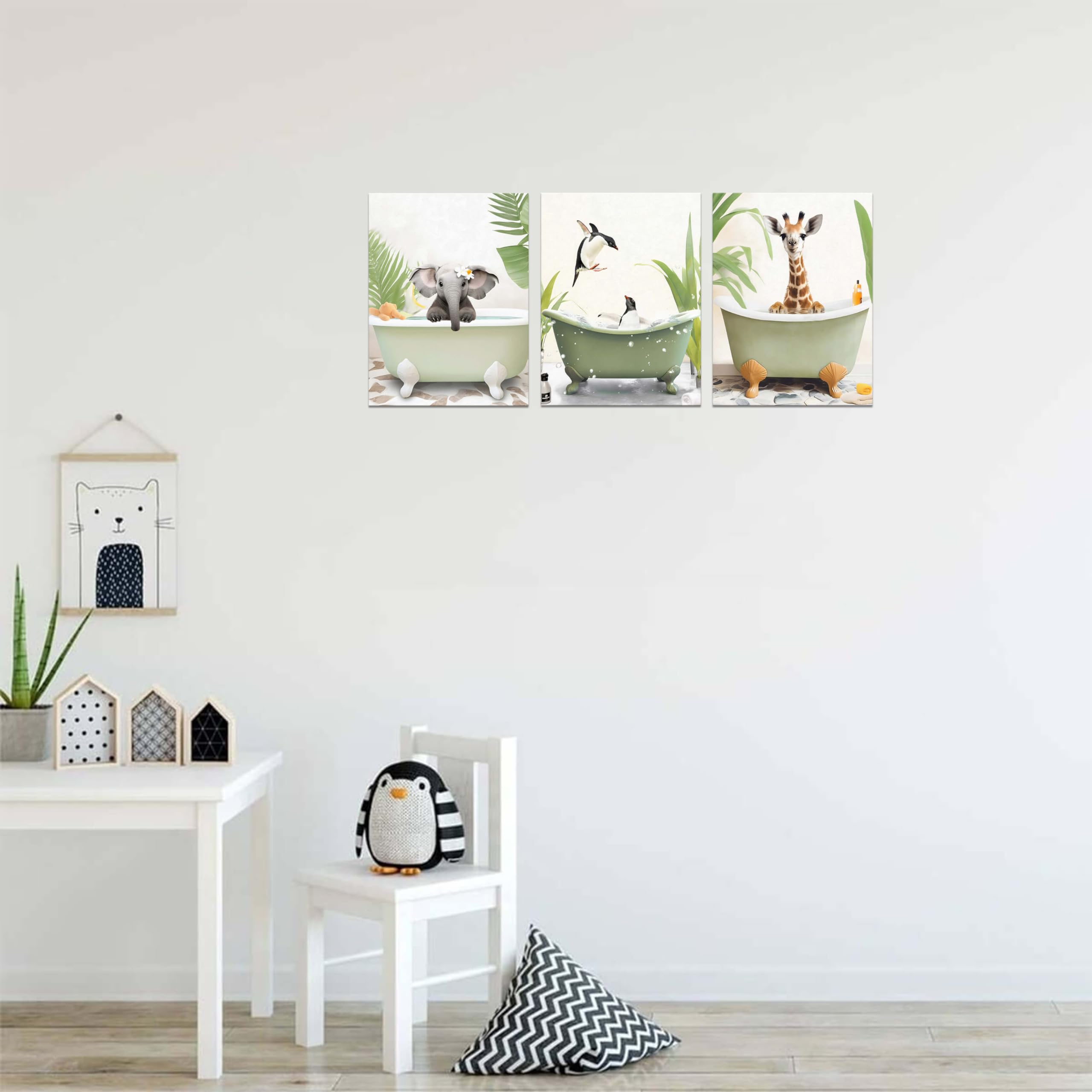 Funny Animal Bathroom Wall Art - Giraffe, Penguin, Elephant Decor Set of 3 (12x16in) for Kids' Bathroom