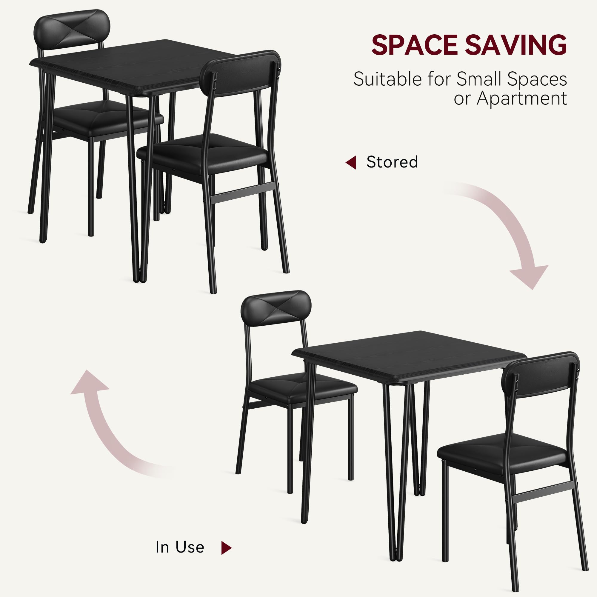 Modern Small Square Dining Table Set for 2 - Space Saving Wooden Kitchen Table with 2 Upholstered Chairs - Dark Finish Breakfast Nook Furniture for Small Apartments, Condos & Cozy Dining Spaces