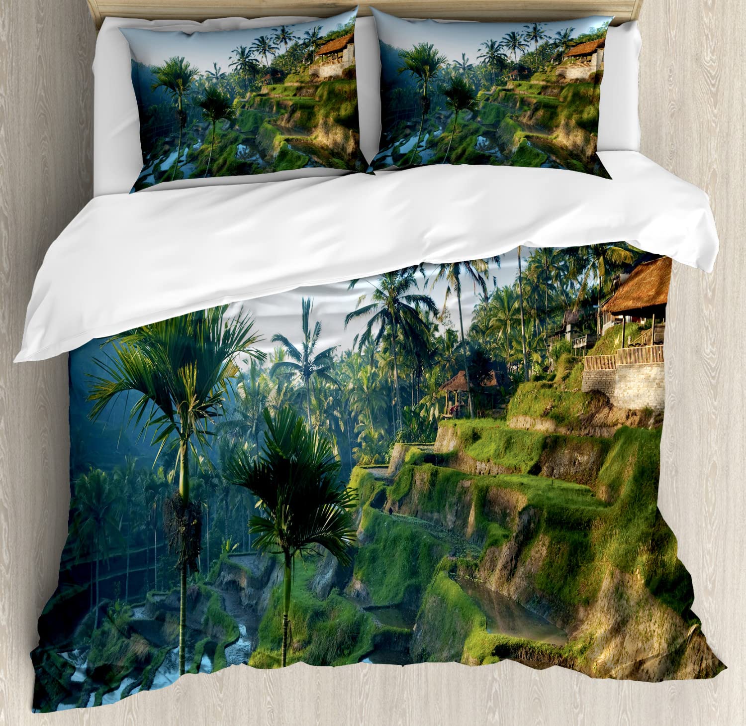 Ambesonne Balinese Duvet Cover Set - Terrace Rice Fields Palm Trees Design, Traditional Farmhouse Style, Morning Sunrise Bali Indonesia Theme, 2-Pack Twin Size Green Bedding Set with 2 Duvet Covers & 2 Pillowcases - Perfect for Tropical Bedroom Decor, Guest Room Makeover, and Vacation-Themed Home Styling