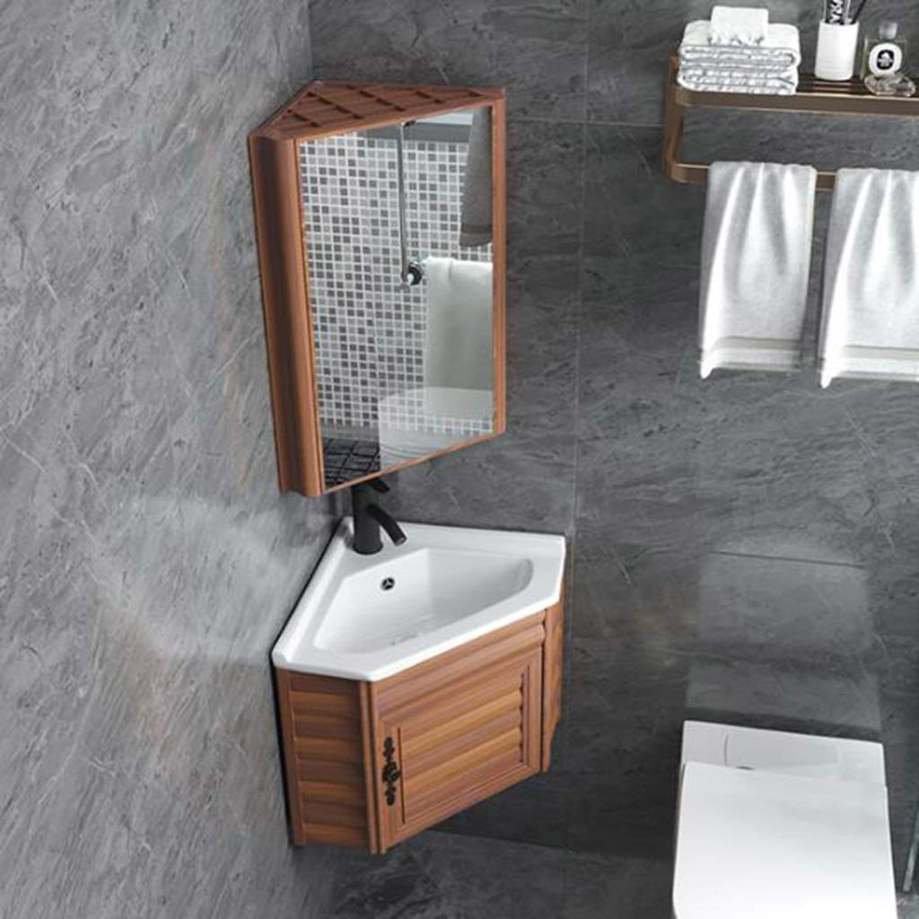 Triangular Wall Mirror Cabinet with 2-Tier Storage - Space Saving Corner Bathroom Vanity (60x32x44.5cm, Wood Finish) - Perfect for Small Bathrooms, Powder Rooms & Compact Spaces