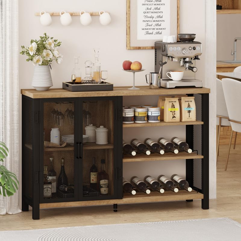 BON AUGURE 47 Inch Industrial Bar Cabinet with Wine Rack & Glass Storage - Vintage Oak Buffet Sideboard for Home, Farmhouse Coffee Bar - Perfect for Dining Room, Living Room & Entertaining Guests