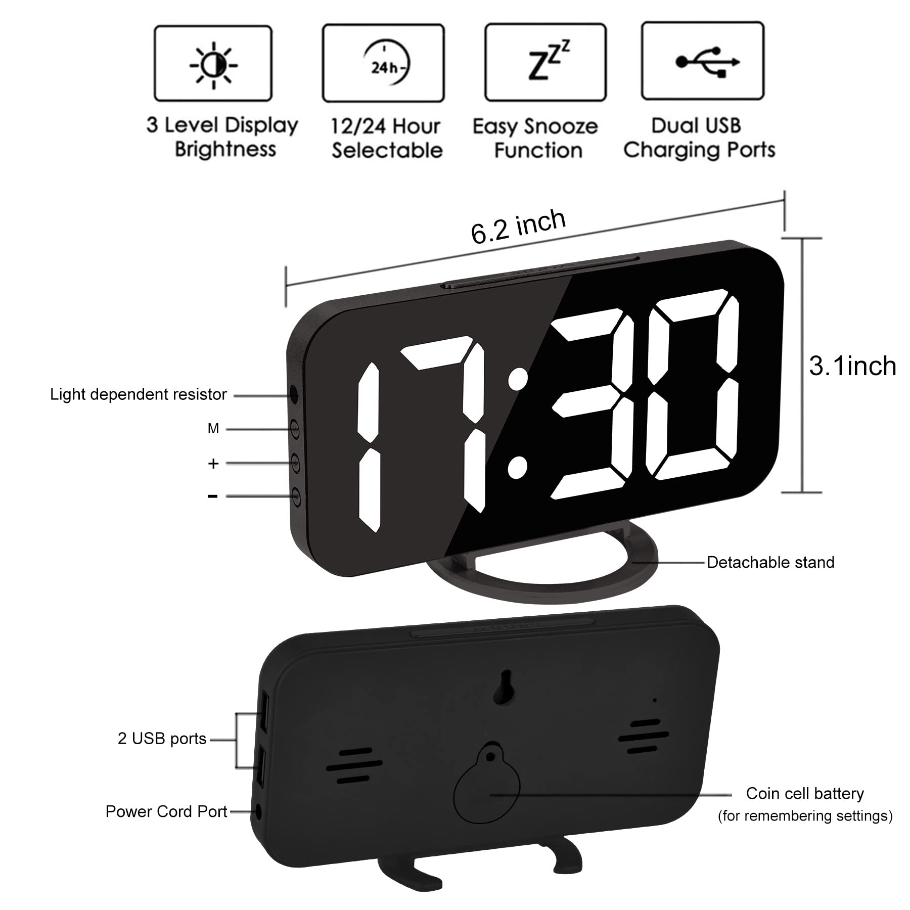 YGdigital 6.5 Inch LED Mirror Digital Alarm Clock with USB Charging Ports - Adjustable Brightness, Snooze Function, 12/24H Display for Bedroom, Home & Office Use (Black) | Perfect Nightstand Clock with Charging Station for Phones & Tablets