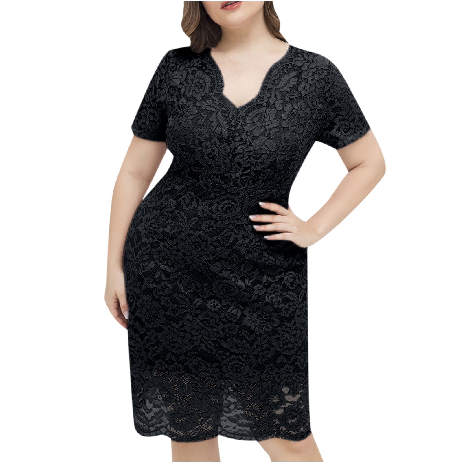 Elegant Plus Size Wedding Guest Dress - V Neck Short Sleeve Lace Midi Dress for Women, Casual Summer Cocktail Party & Beach Sundress | Perfect for Bridal Showers, Garden Weddings & Vacation Getaways
