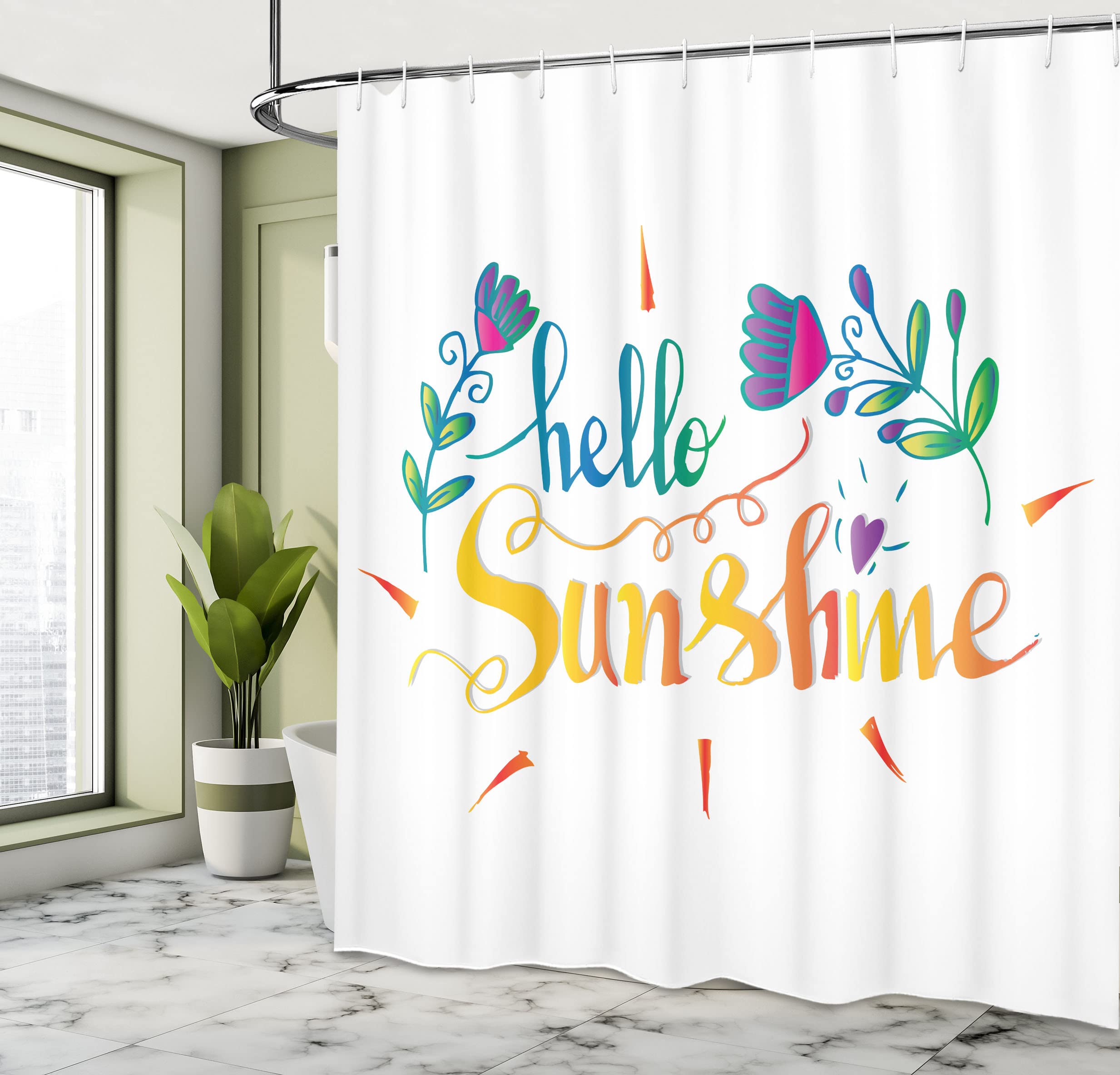 Ambesonne Hello Sunshine Shower Curtain - Floral Cursive Text & Heart Doodle Spring Design, 105