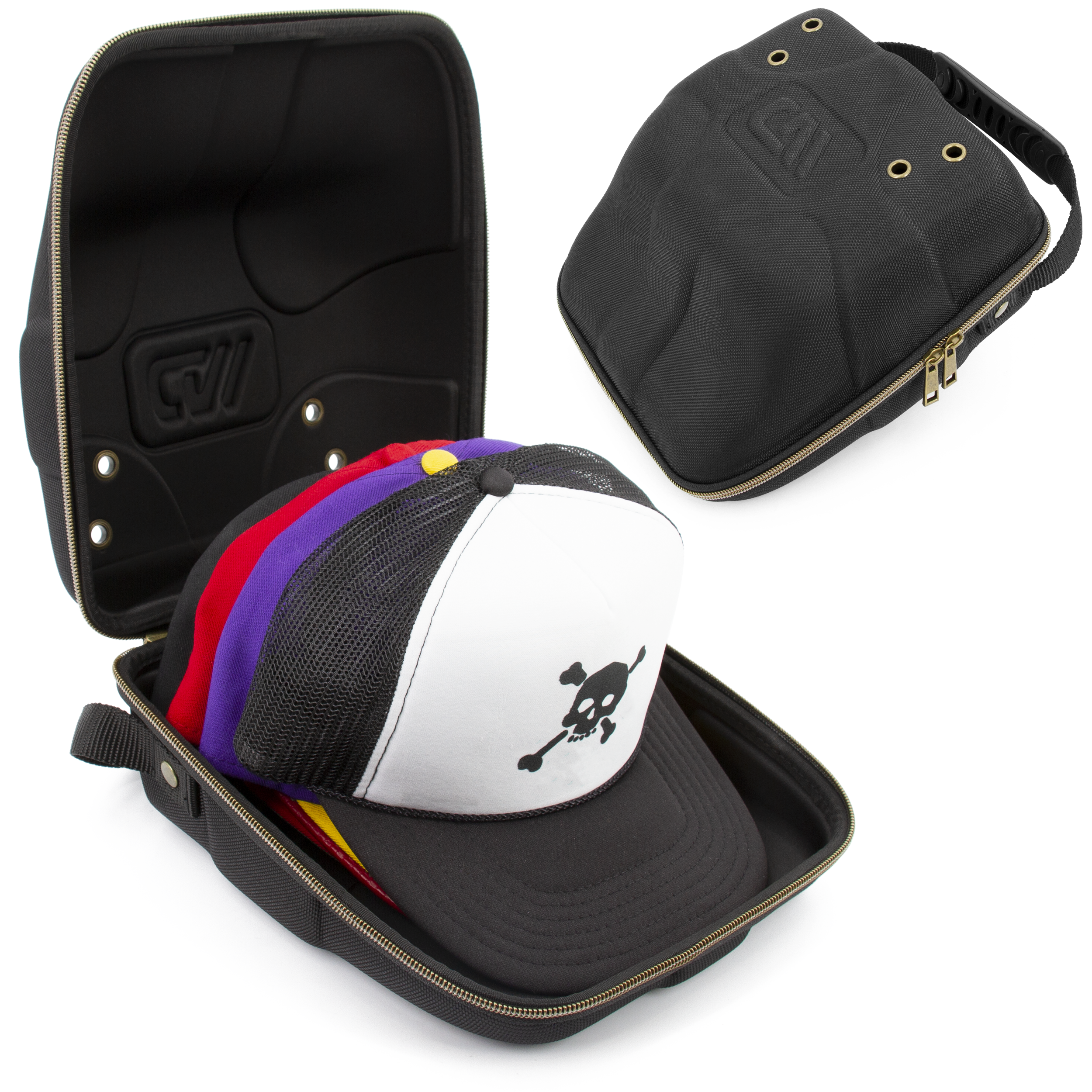 CASEMATIX Hard Shell Baseball Cap Travel Case - Holds 4 Hats with Carabiner & Handle - Portable Hat Storage Organizer for Travel, Sports, and Outdoor Adventures
