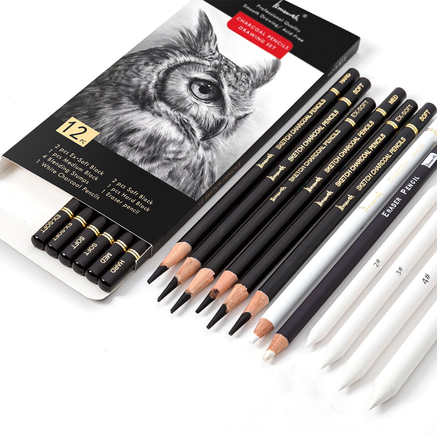 Professional 12-Piece Charcoal Drawing Set - Black & White Charcoal Pencils, Blending Stumps, Eraser Pencils for Sketching, Shading & Art | Perfect for Beginners & Professional Artists | Ideal for Portrait Drawing, Still Life & Art Classes