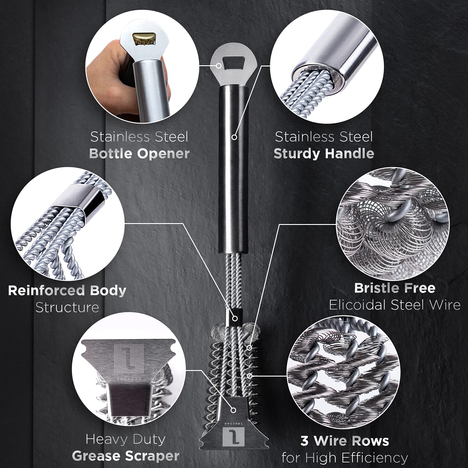 LOOCIAN Stainless Steel Bristle-Free BBQ Grill Brush - Heavy Duty Grill Scraper & Cleaner for Safe Barbecue Cleaning - Perfect for Gas, Charcoal & Electric Grills - Outdoor Cooking & Backyard BBQ Essential