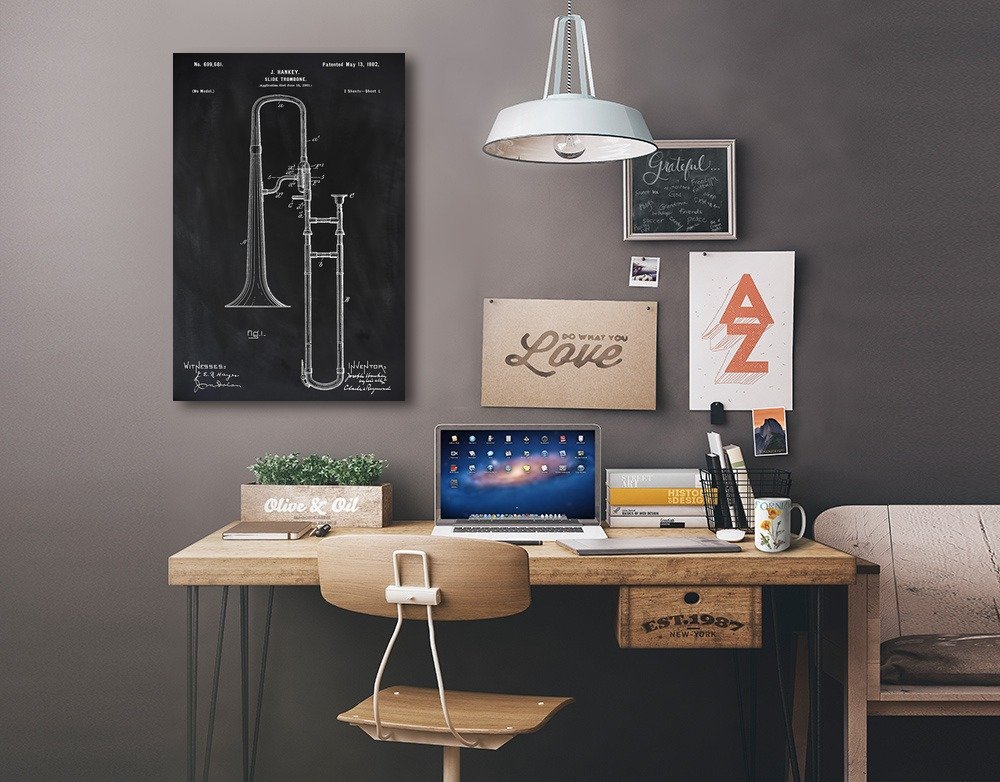 Lantern Press Blackboard Patent Slide Trombone Art Print - 16x24 Wrapped Canvas Wall Decor for Music Lovers & Jazz Enthusiasts - Perfect for Living Room, Bedroom or Music Studio Decor