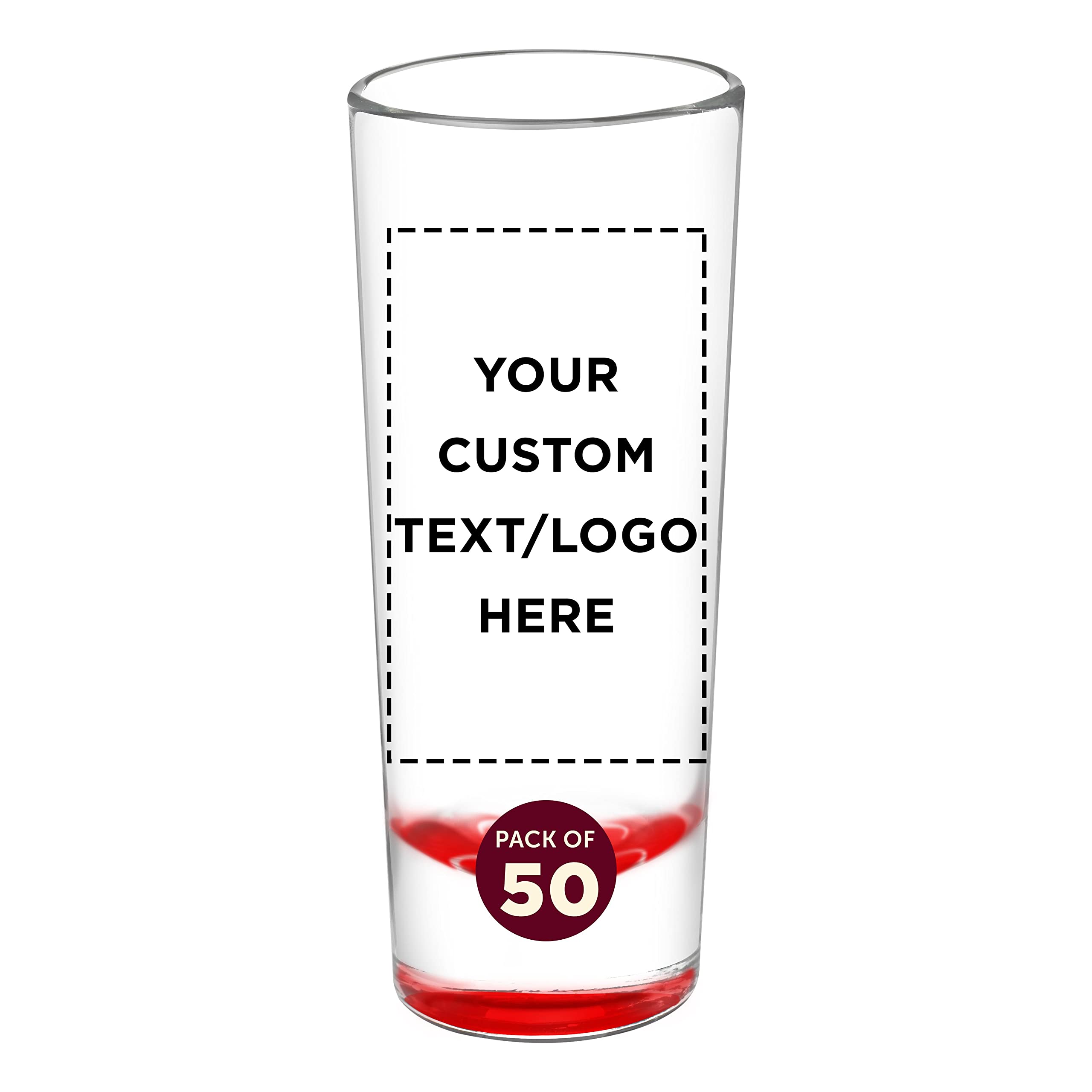 Custom 2 oz Cordial Shot Glasses Set of 50 - Personalized Bulk Pack for Parties, Weddings & Events - Durable Red Glassware for Bars, Restaurants & Home Entertaining