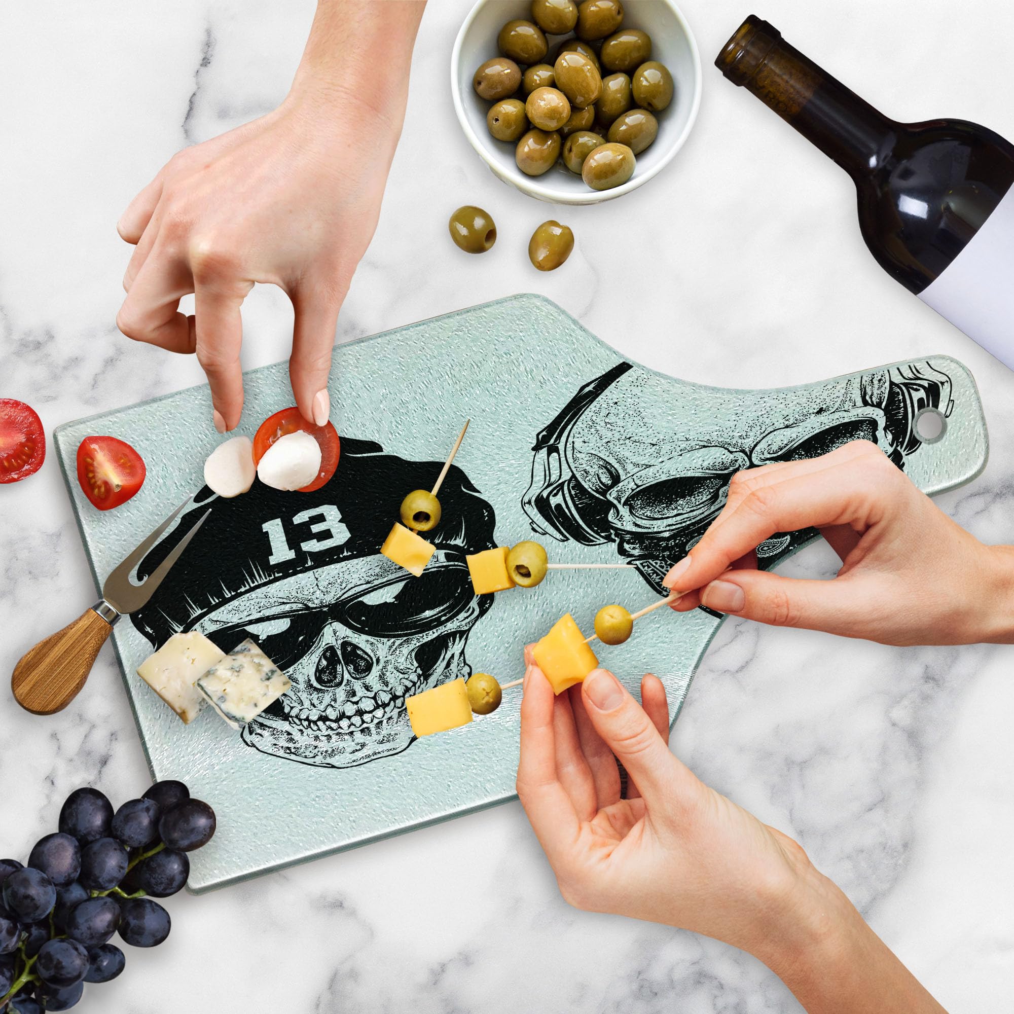 Ambesonne Skull Cutting Board - Black & White Tempered Glass Serving Board with Grunge Print | Wine Bottle Shape for Kitchen, Party & Bar Use | Funny Skull Band Design for Home Decor & Entertaining