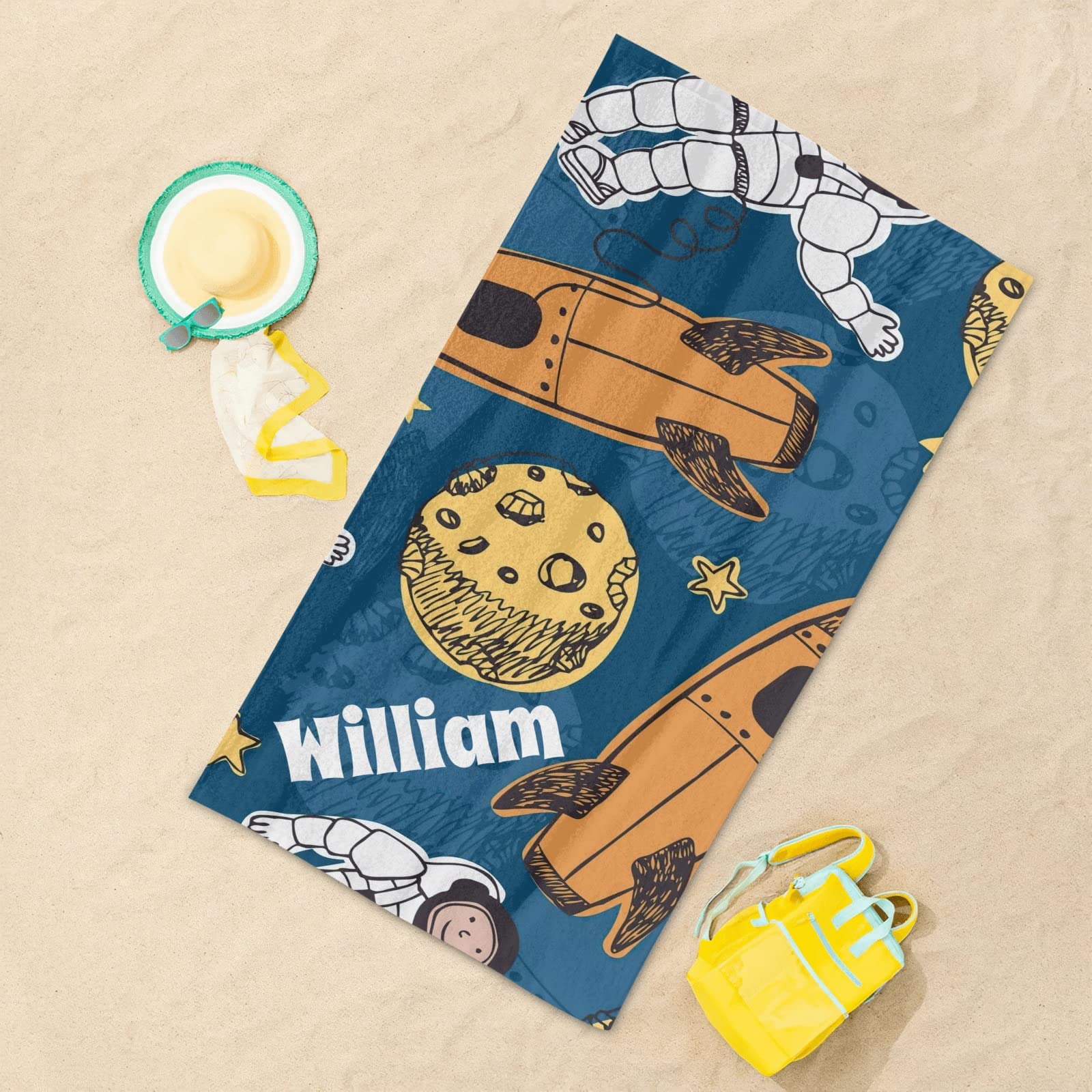 Custom Personalized Beach Towel - Monogrammed Quick Dry Bath Towel for Kids, Men & Women - Soft Absorbent Swim Blanket for Pool, Beach & Travel - Space Monkey Rocket Design
