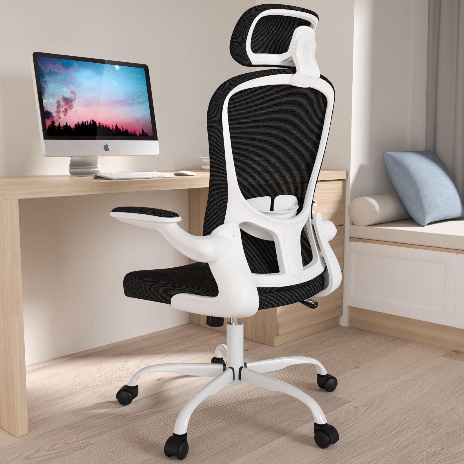 Ergonomic High Back Office Chair with Adjustable Lumbar Support & Headrest - Breathable Mesh Task Chair, Swivel Executive Desk Chair with Flip-Up Armrests - Perfect for Home Office, Gaming & Workspaces
