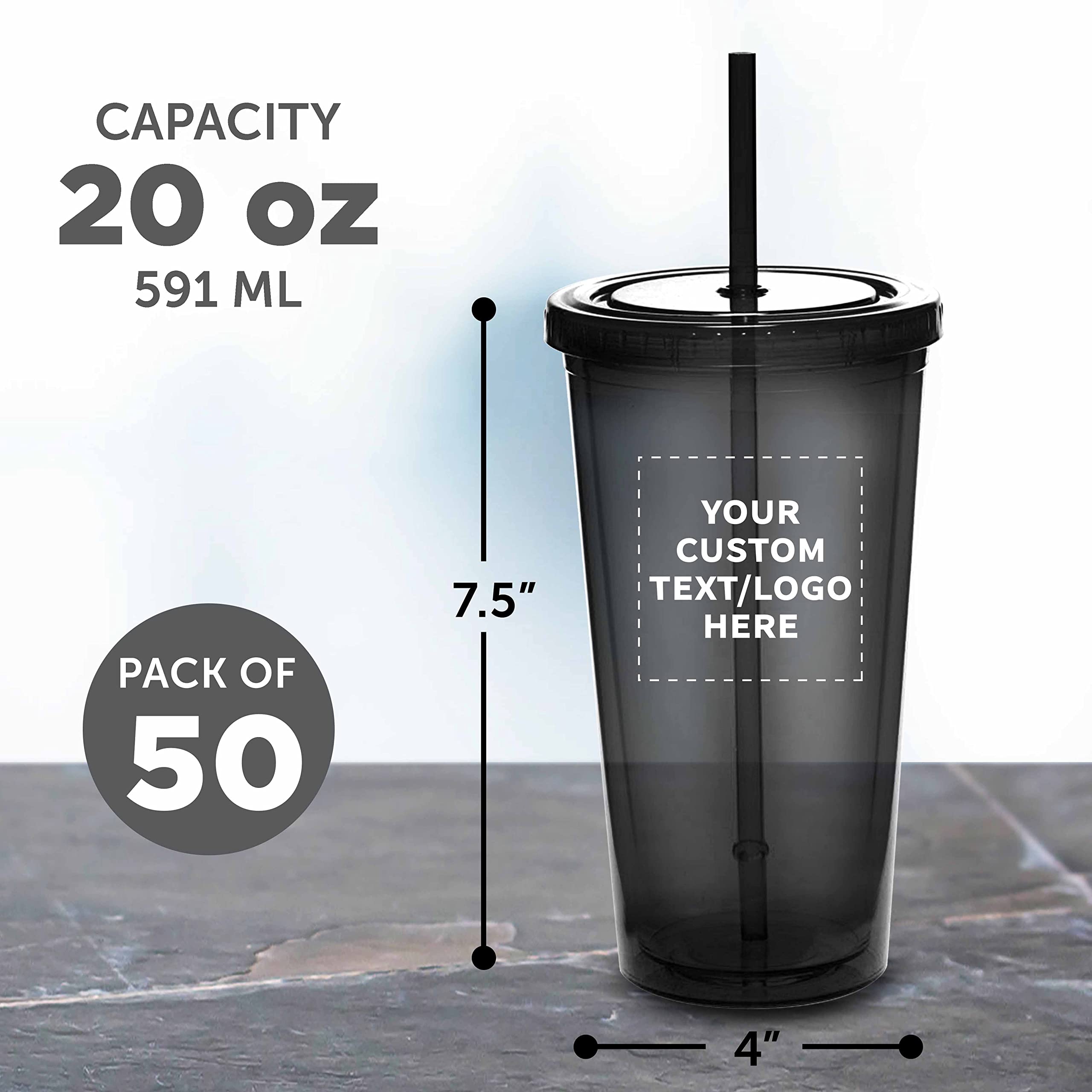 50-Pack Custom Double Wall Acrylic Tumblers 20oz - BPA Free Personalized Bulk Drinkware for Iced Coffee, Soda, Tea & Cold Beverages - Charcoal - Perfect for Restaurants, Cafes, Parties & Corporate Gifts