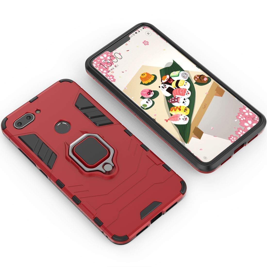 Shockproof Hard Bumper Case for Xiaomi Mi 8 Lite with Metal Ring Grip & Kickstand - Compatible with Magnetic Car Mount, Dual Layer Rugged Cover (Red) - Perfect for Daily Use, Travel, and Hands-Free Viewing