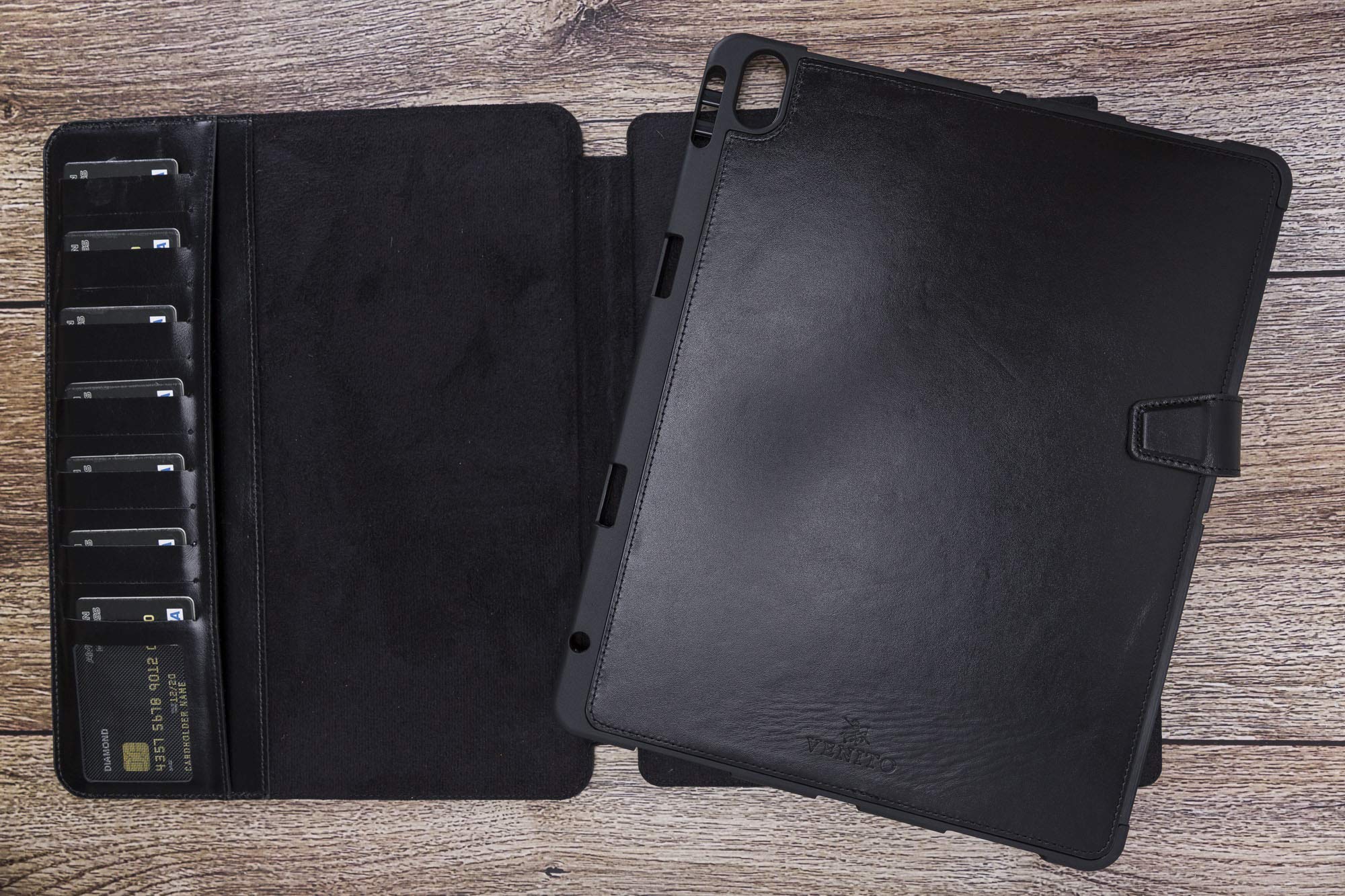 Venito Parma Genuine Leather iPad Pro 12.9 Case (3rd Gen 2018) - Handmade Folio Stand Cover with Card Slots & Auto Sleep/Wake - Perfect for Work, Travel & Home Office (Black)
