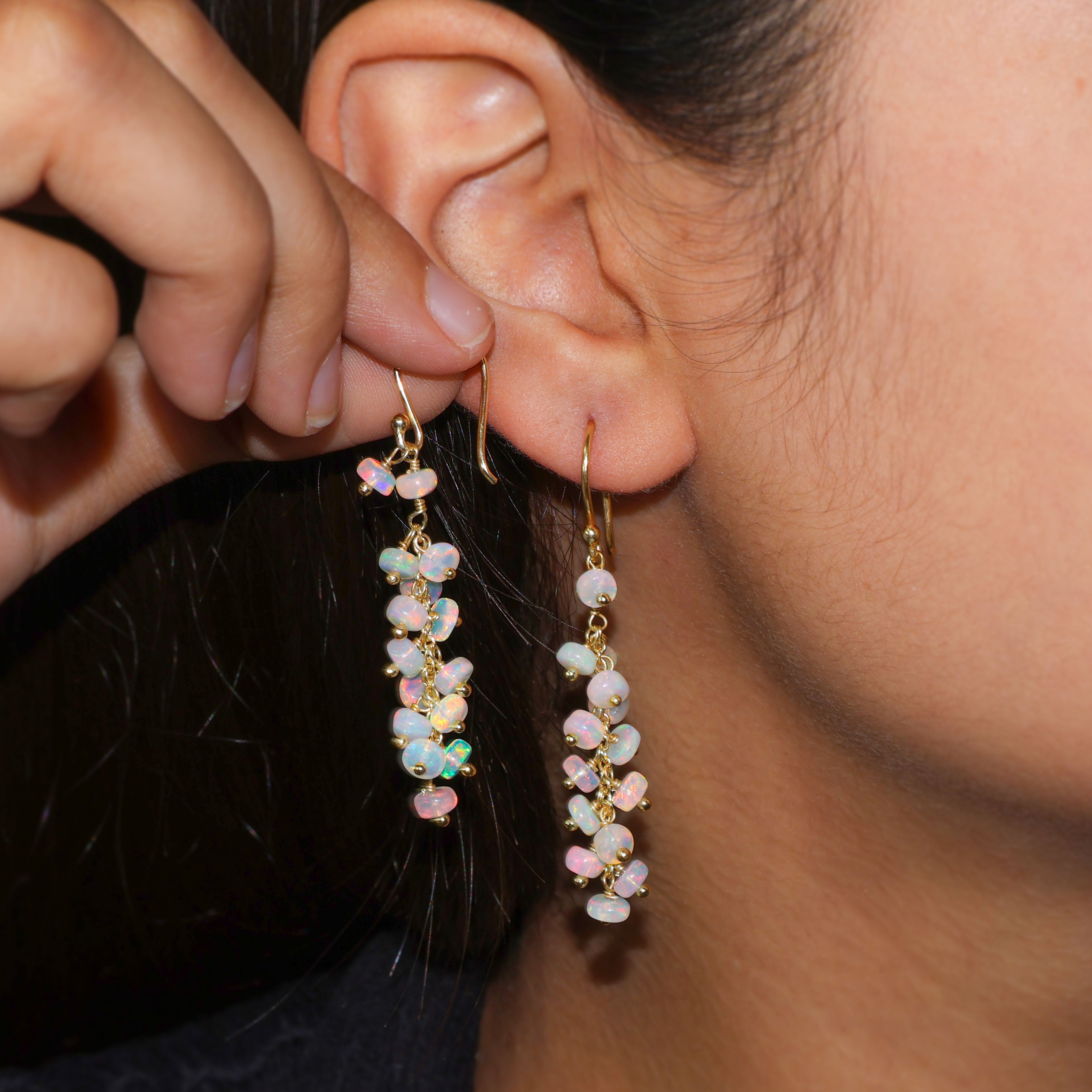 Natural White Opal Beaded Long Cluster Dangle Earrings for Women | Boho Chic Handmade Jewelry | Perfect for Weddings, Parties & Special Occasions