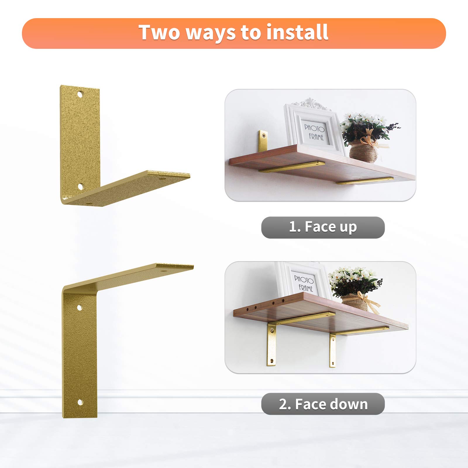 10 Inch Heavy Duty Gold Iron L Shelf Brackets - Industrial Modern Floating Shelf Supports for Wall Mounted Shelves - Perfect for Home Office, Kitchen, and Garage Storage Organization