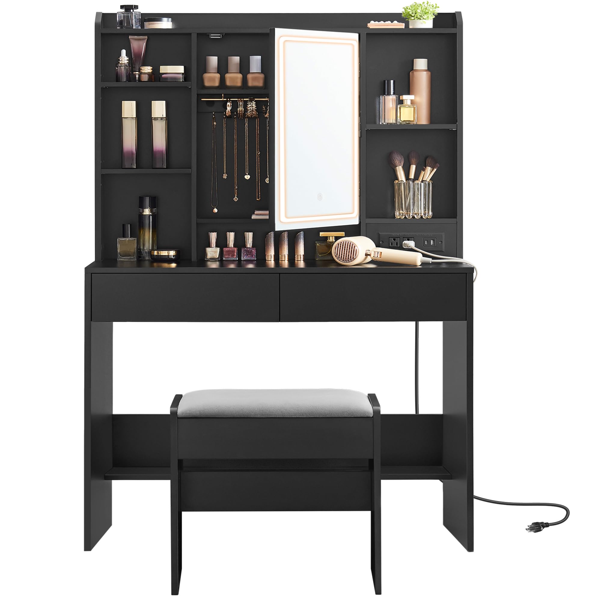 VASAGLE Vanity Desk with Power Outlets & Dimmable LED Lights, Makeup Dressing Table with Mirror, Upholstered Stool, 6 Compartments & 2 Drawers, Black URDT031B01 - Perfect for Bedroom, Dorm Room or Home Beauty Station