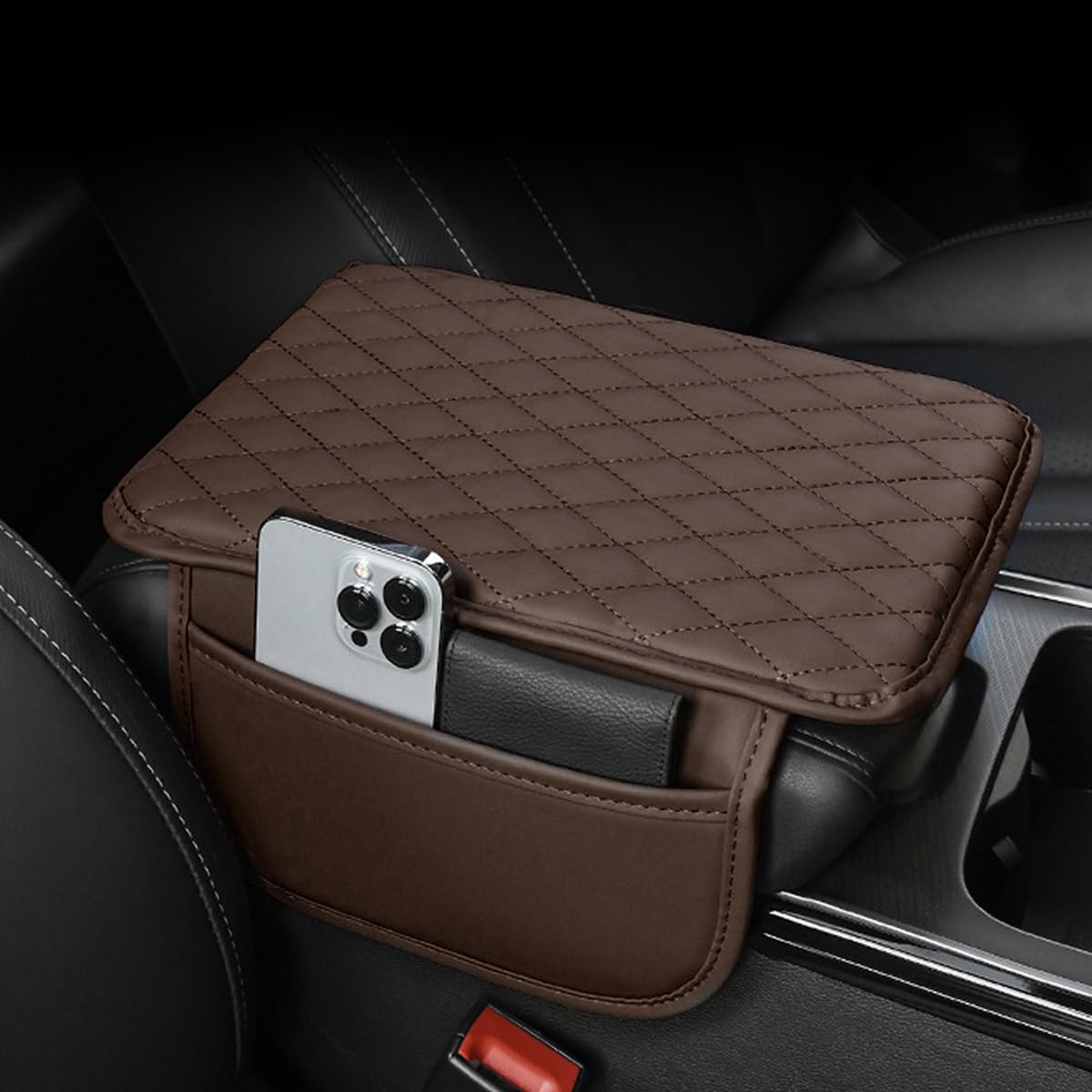 Upgraded Universal Car Center Console Cover with Side Pockets - Microfiber Leather Armrest Pad Cushion Protector (Brown) | Perfect for Long Drives & Road Trips | Car Interior Accessories Organizer