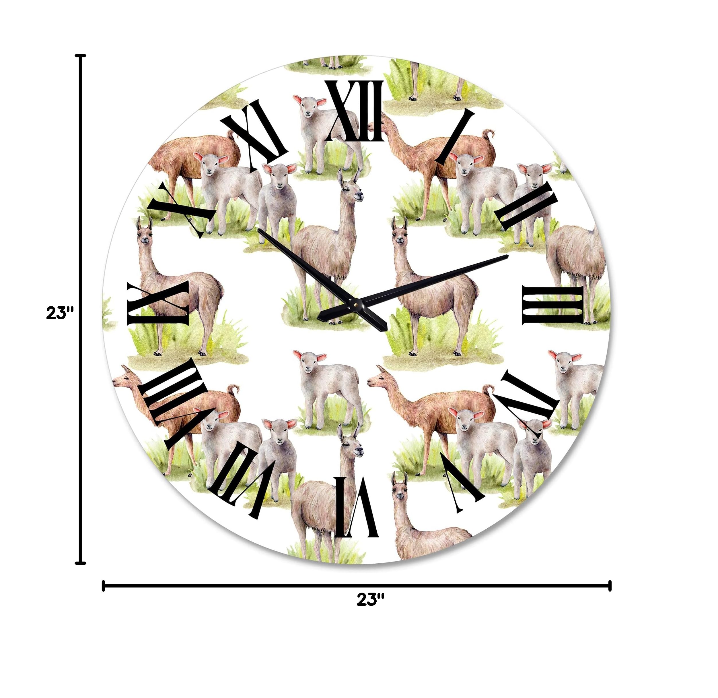 Farmhouse Wall Clock - 'Lamas and Lambs On A Green Meadow' Large Rustic Wall Decor for Living Room, Bedroom & Kitchen | Perfect for Home, Office & Cabin Decor